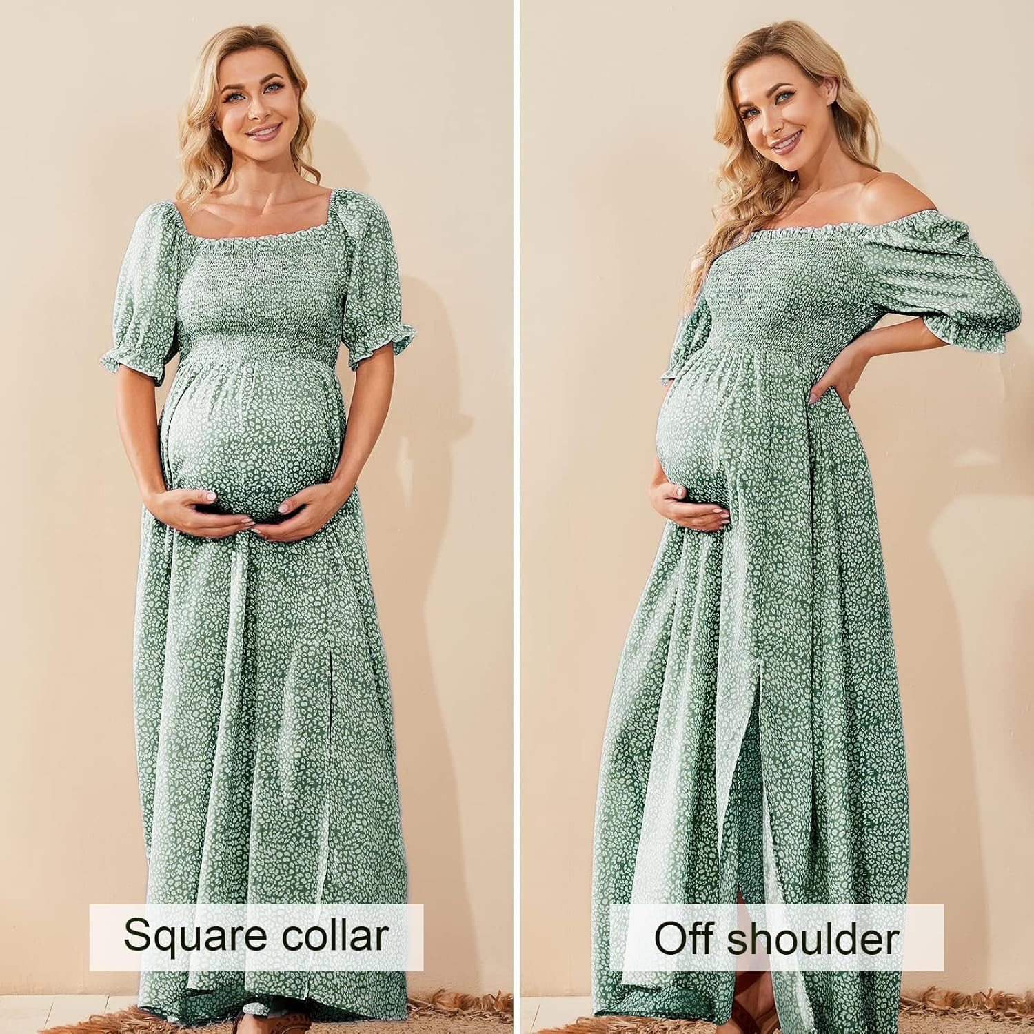 Floral Maternity Dress for Photoshoot Baby Shower, Square Neck Puff Sleeve Maternity Boho Smocked Pregnancy Dresses image number 5