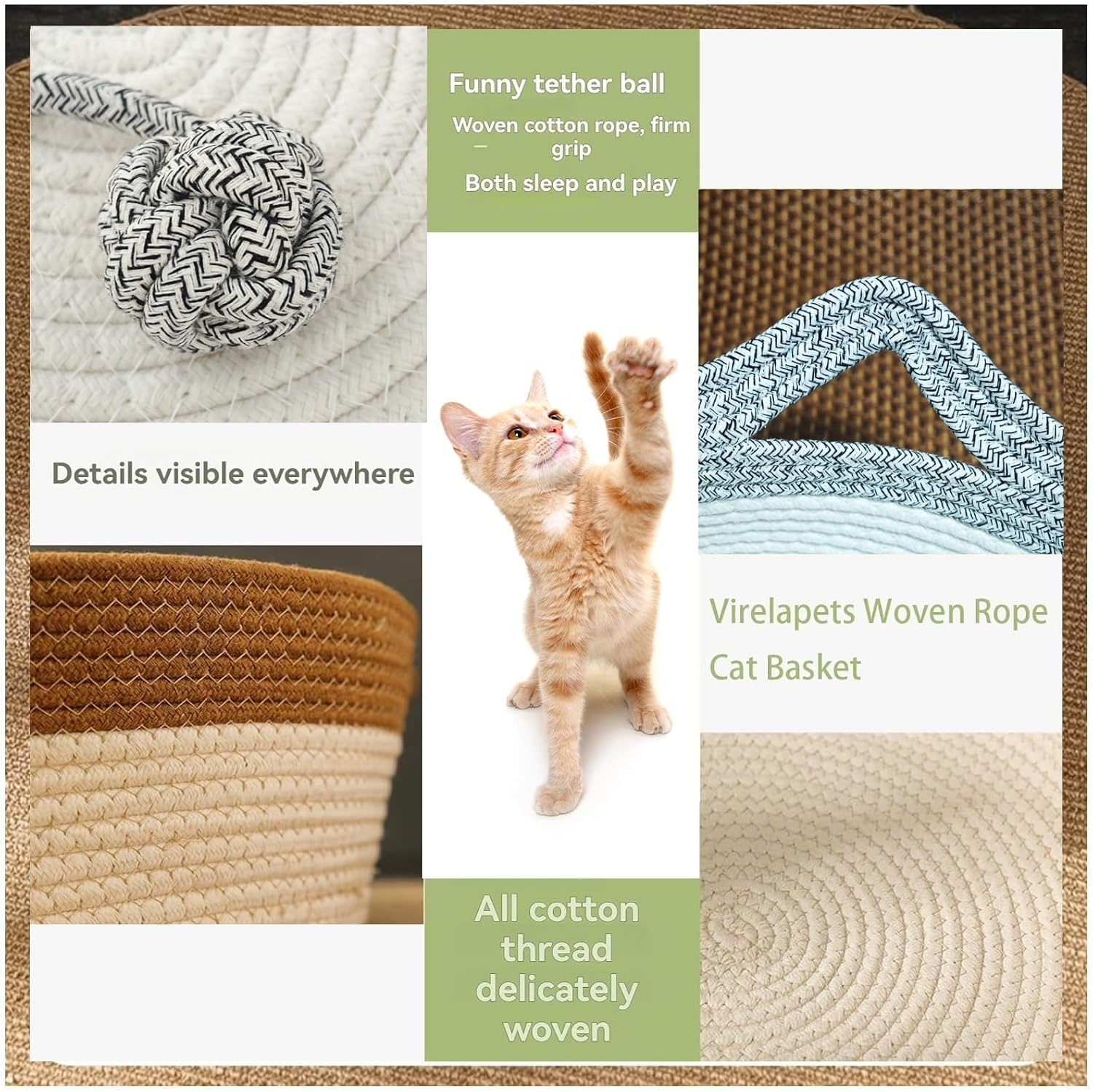 Handwoven Cotton Rope Cat Basket Breathable & Easy to Clean, Foldable Scratchable Cat Bed with a Playing Ball for Kittens (Grey with Cushion-M)