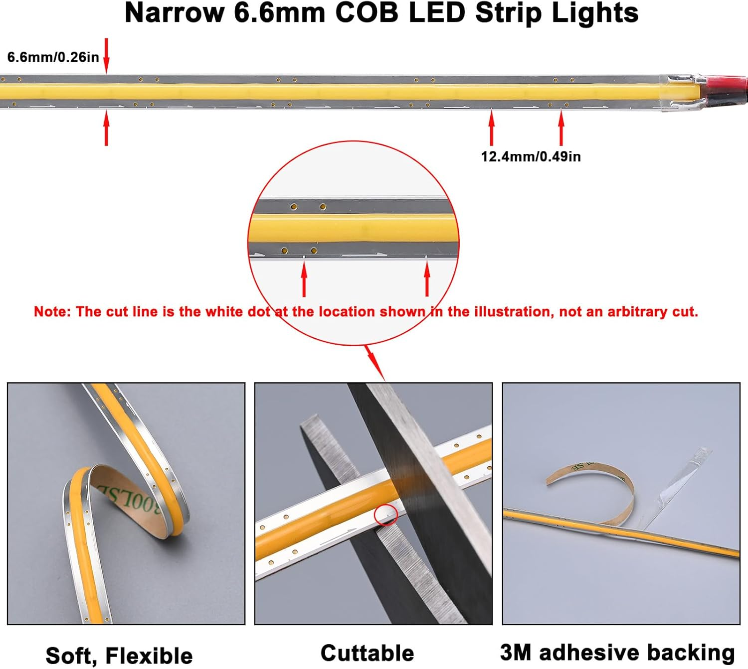 TOPAI 12V Narrow 6.6Mm COB LED Strip Light 3000K Warm White 5M Flexible 3M Adhesive Tape, CRI>90 400Leds/M 7W/M Dotless High Density for Cabinet/Stairs/Shop DIY image number 6