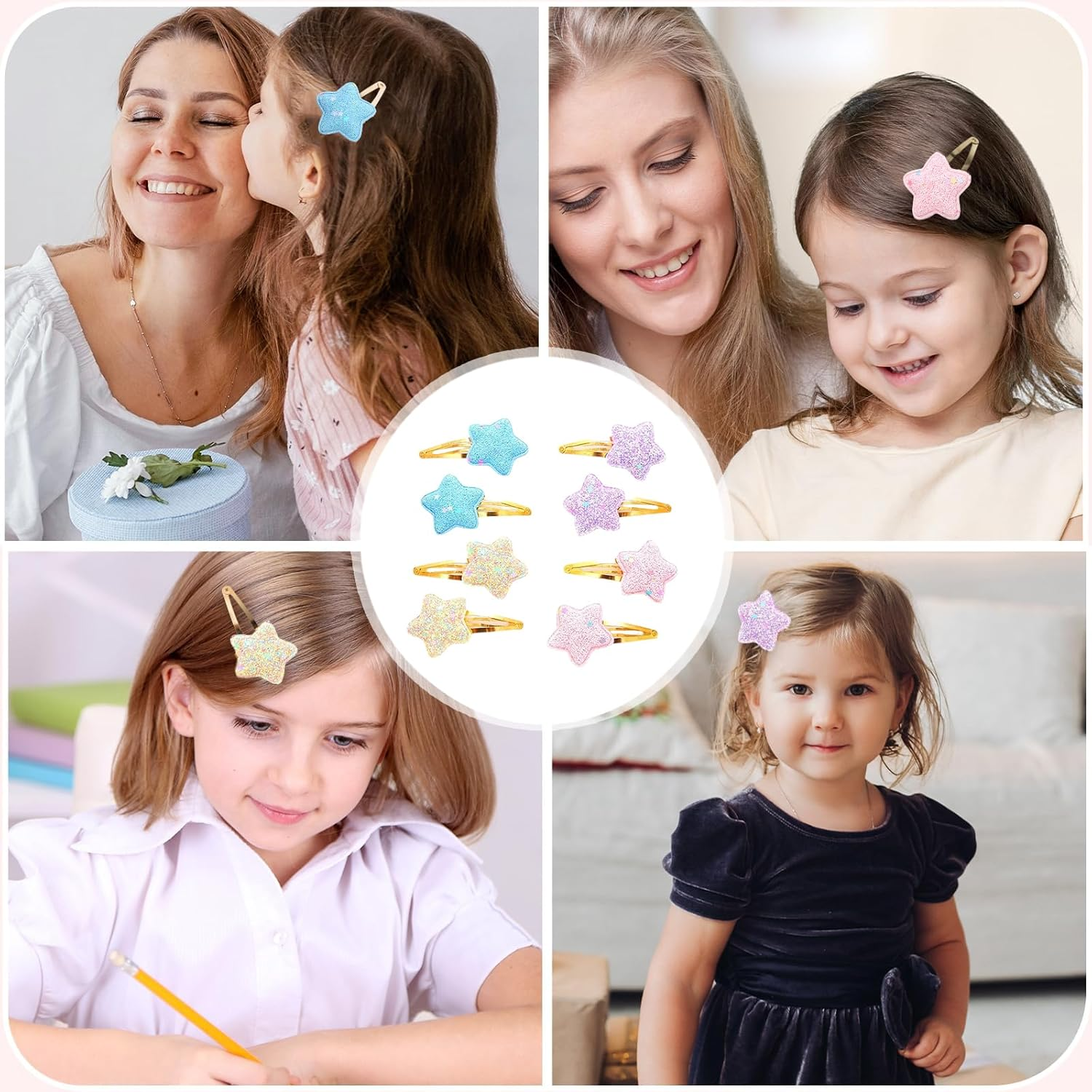 Lilbitty 4 Pairs Glitter Hair Clips for Girls - Cute Star Hair Clips for Kids, Colourful Glitter Hair Clips for Toddlers, Idea for Birthday Parties