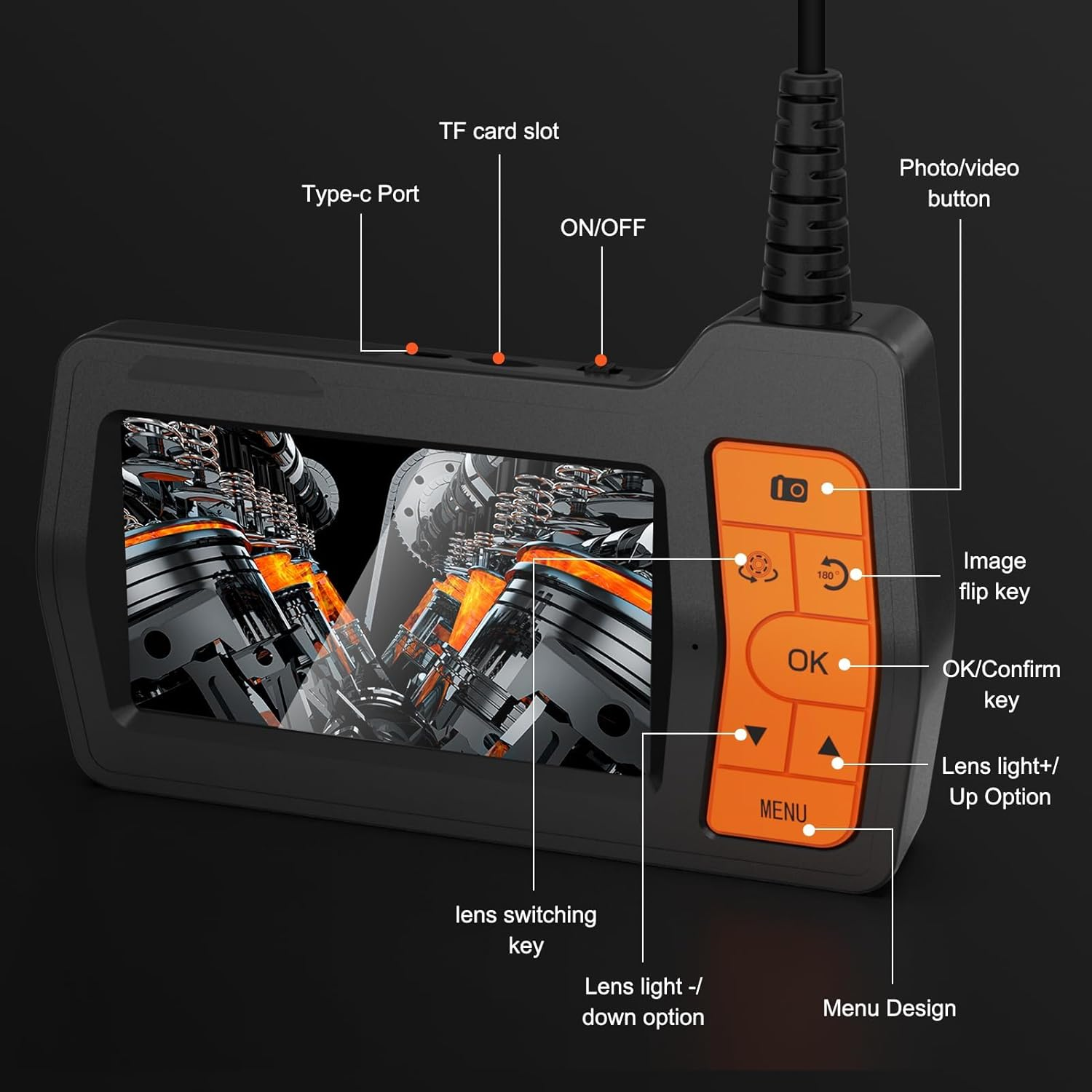 TURNRISE 1080P Inspection Camera with Light: 50FT Semi-Rigid Cable Endoscope Triple Lens - Industrial Borescope with 5" IPS HD Screen - Waterproof Snake Drain Camera for Sewer Pipe Engine image number 5