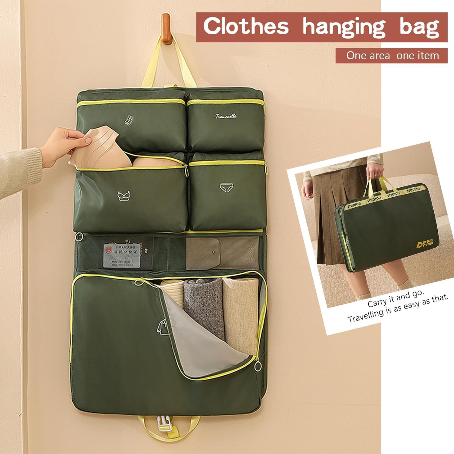 Hanging Shelves Travel Compression Packing Cube Organizer - Multi-Compartment Foldable Storage Bag (Olive Green) image number 5