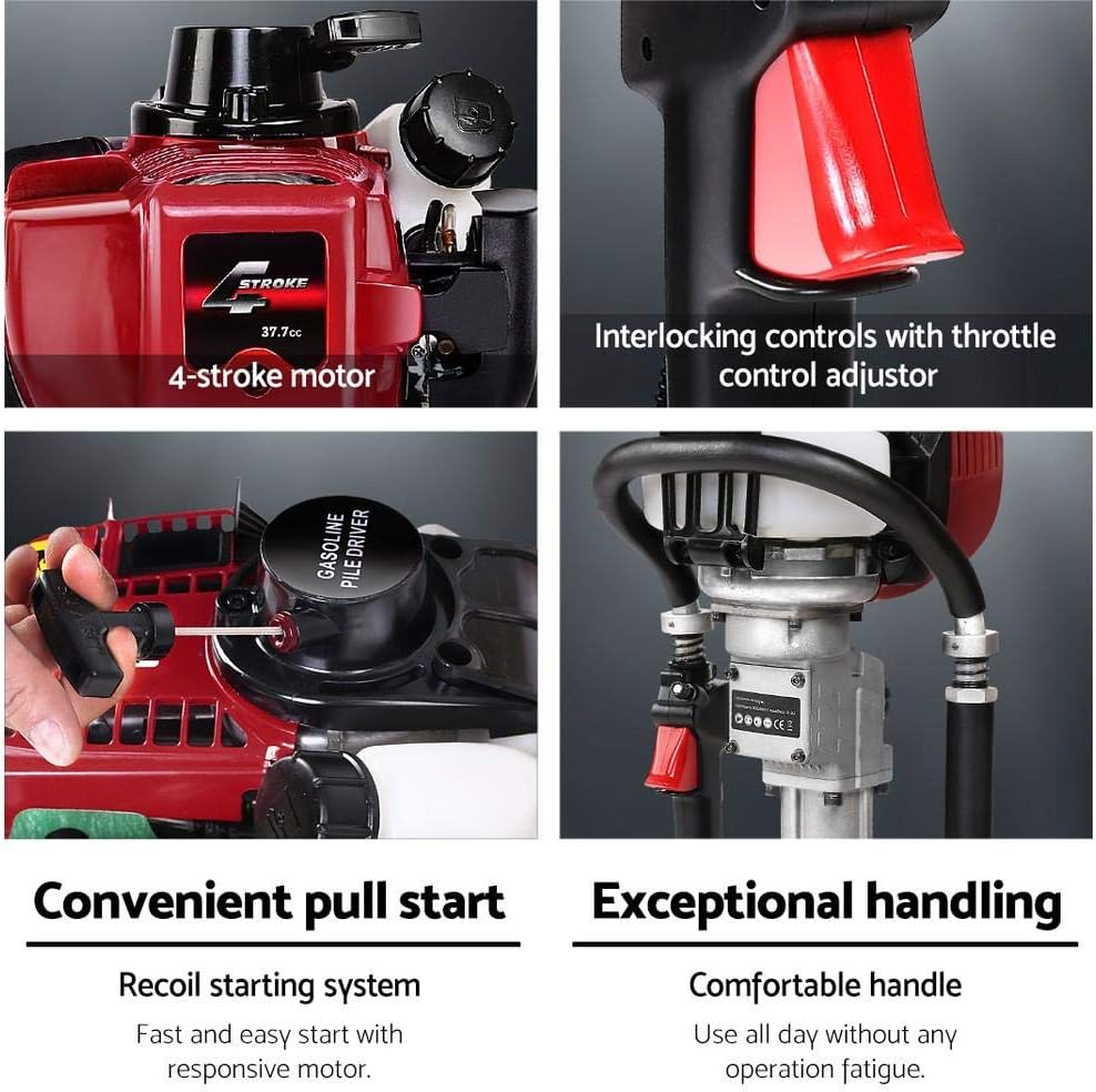 Giantz 37.7Cc 4 Strokes Petrol Post Driver, Power Pile Hole Digger Rammer Garden Fence Powered Hand Tools for Fencing Farming Construction, 3 Star Pickets Recoil Starting System