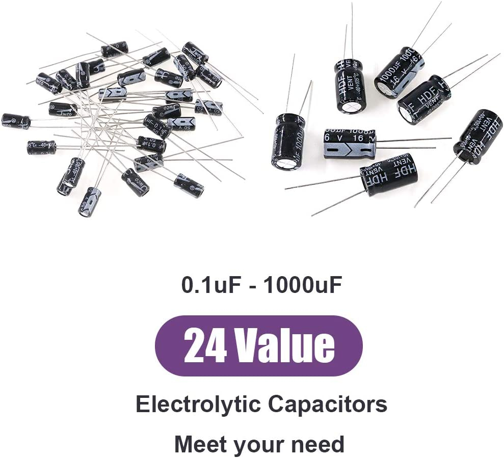 Swpeet 240Pcs 24 Kinds Different Electrolytic Capacitors Range 0.1Uf－1000Uf Assortment Kit, 10V/16V/25V/50V Aluminum Radial Electrolytic Capacitors for TV, LCD Monitor, Radio, Stereo, Game image number 2