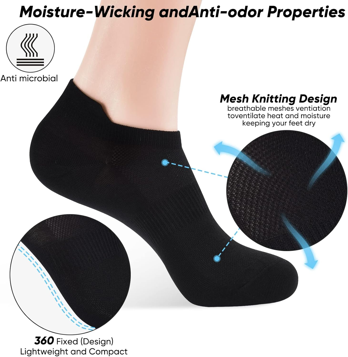 Denisy Women'S Athletic Ankle Socks- Durable Black White Soft No Show Breathable No Show Socks for US Size 6-9（6 Pairs) - White - Medium image number 4