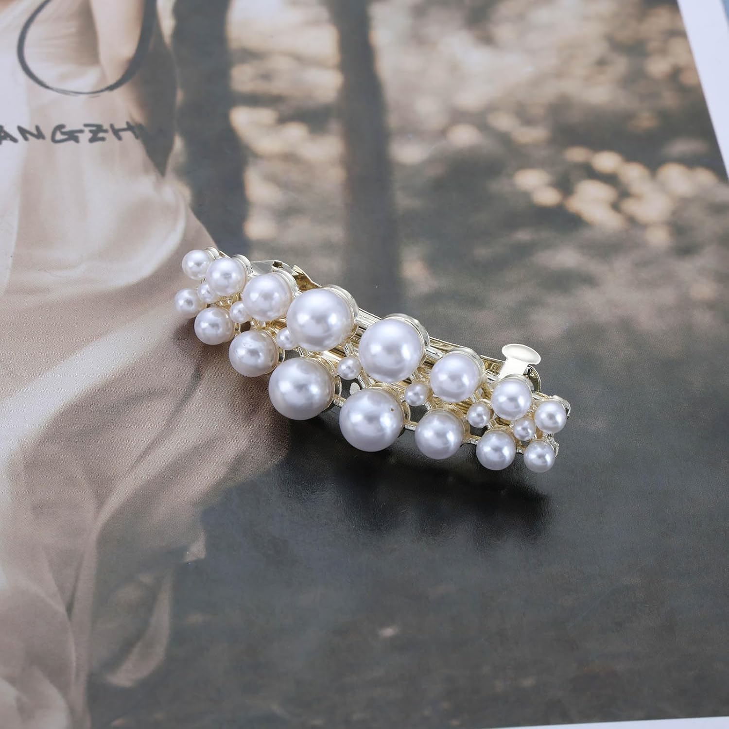 Enautoabs Vintage Pearl Hair Clip Barrette Pearl French Hair Clip Gold Pearl Hair Clip Pearl Wedding Hair Pin Clip Imitation Pearl Ponytail Clip Decorative Hair Accessories image number 1