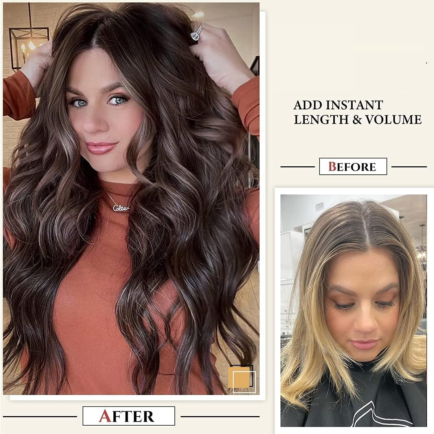 Clip in Hair Extensions, Natural & Soft Hair & Blends Well Hair Extensions, Dark Brown Long Wavy Hairpieces