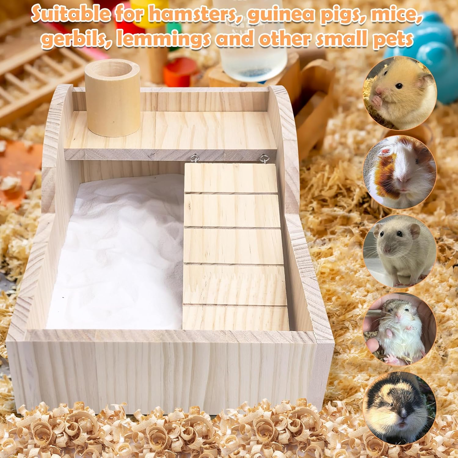PINVNBY Hamster Sand Bath Box Wooden Shower Room Digging Sand Bathtub Container with Climbing Ladder Bowl Bathroom for Dwarf Syrian Mice Mouse Gerbils and Other Small Animals image number 1