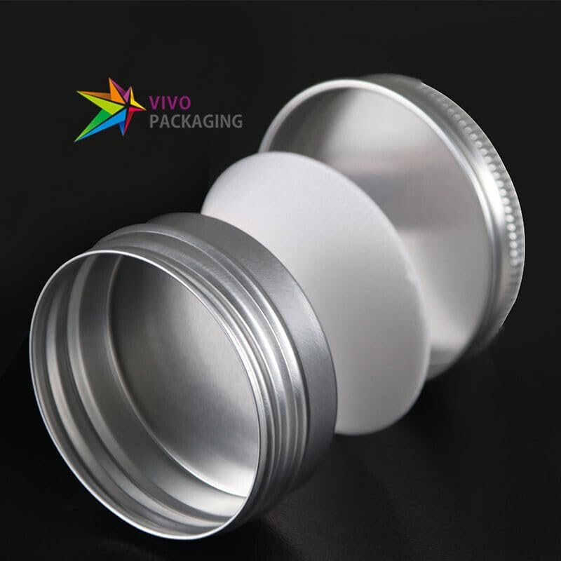 Vivo Packaging Aluminium Tin with Screw Cap, Silver round Tin Containers for Cosmetic Pot, Lip Balm, Creams, and DIY Storage, Small Metal Tins for Travel and Home Use (100 Pcs / 200 Pcs)