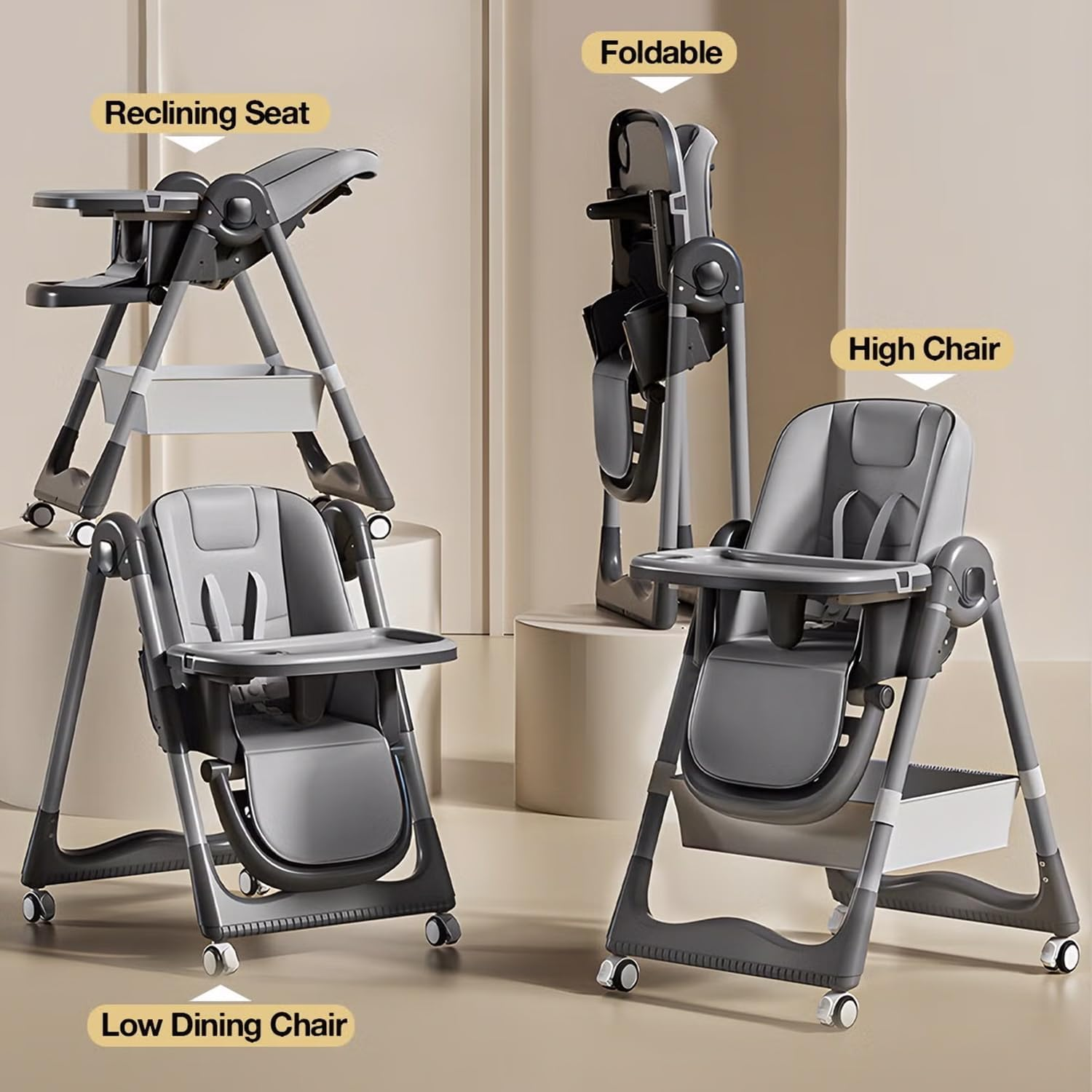 4 in 1 Baby High Chair for Dining & Feeding &ndash; Adjustable Toddler Highchair with 4 Wheels, Foldable & Portable Design, Bpa-Free Tray, Safe 5-Point Harness, Suitable for 6 Months to 6 Years (White) image number 4