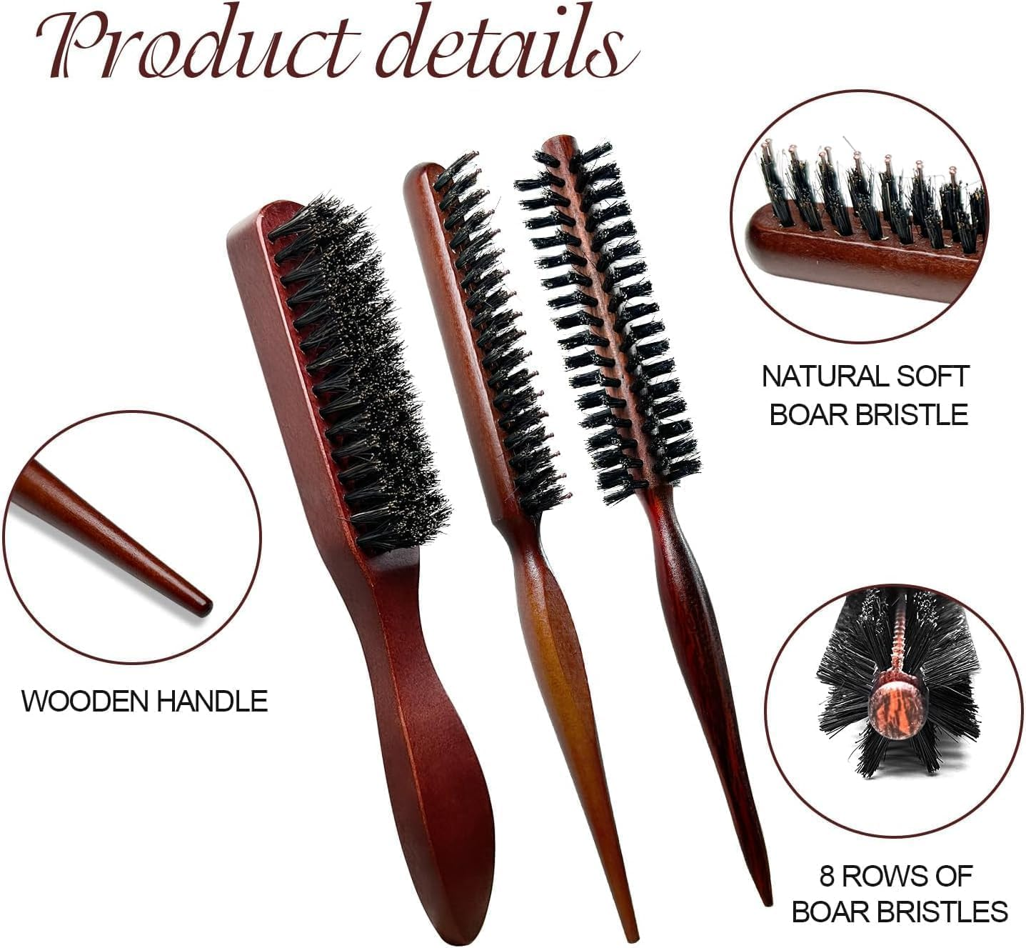 FOTOEVFC Boar Bristle Hair Brush Set, 5Pcs - Slick Back, Teasing, Quiff Roller, Anti-Static, Black image number 2