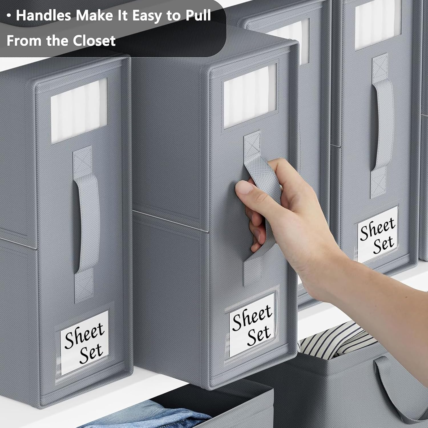 4 Pack Bed Sheet Organisers with Window - Foldable Bedding Linen Organiser for Sheets, Closets, Wardrobe, Home, Space-Saving Storage Solutions - Grey image number 5