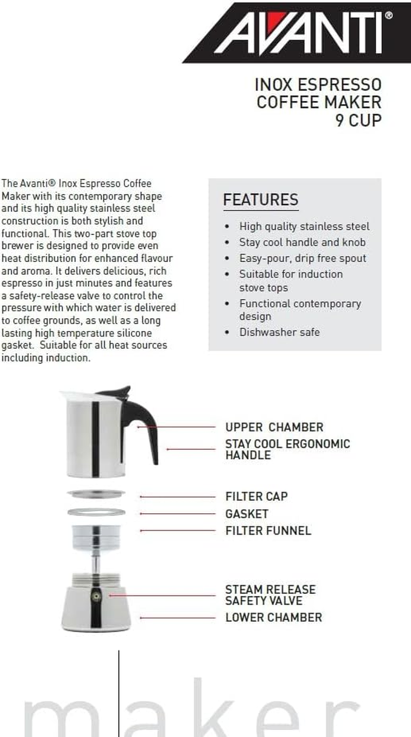 Avanti INOX Espresso Stainless Steel Stovetop Coffee Maker, 450Ml / 9 Cup image number 2