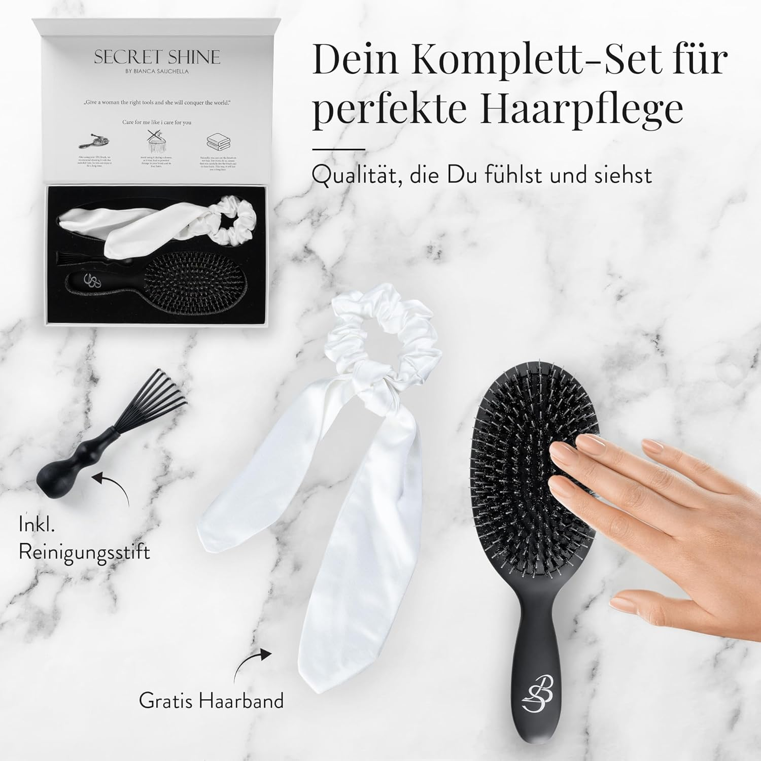 Bianca Sauchella Secret Shine Extensions Brush - Wild Boar Bristles & Keratin Pens, Anti-Frizz, Gentle without Pulling, Ideal for Tape-In, Bonding & Clip-In Extensions (Black) image number 4