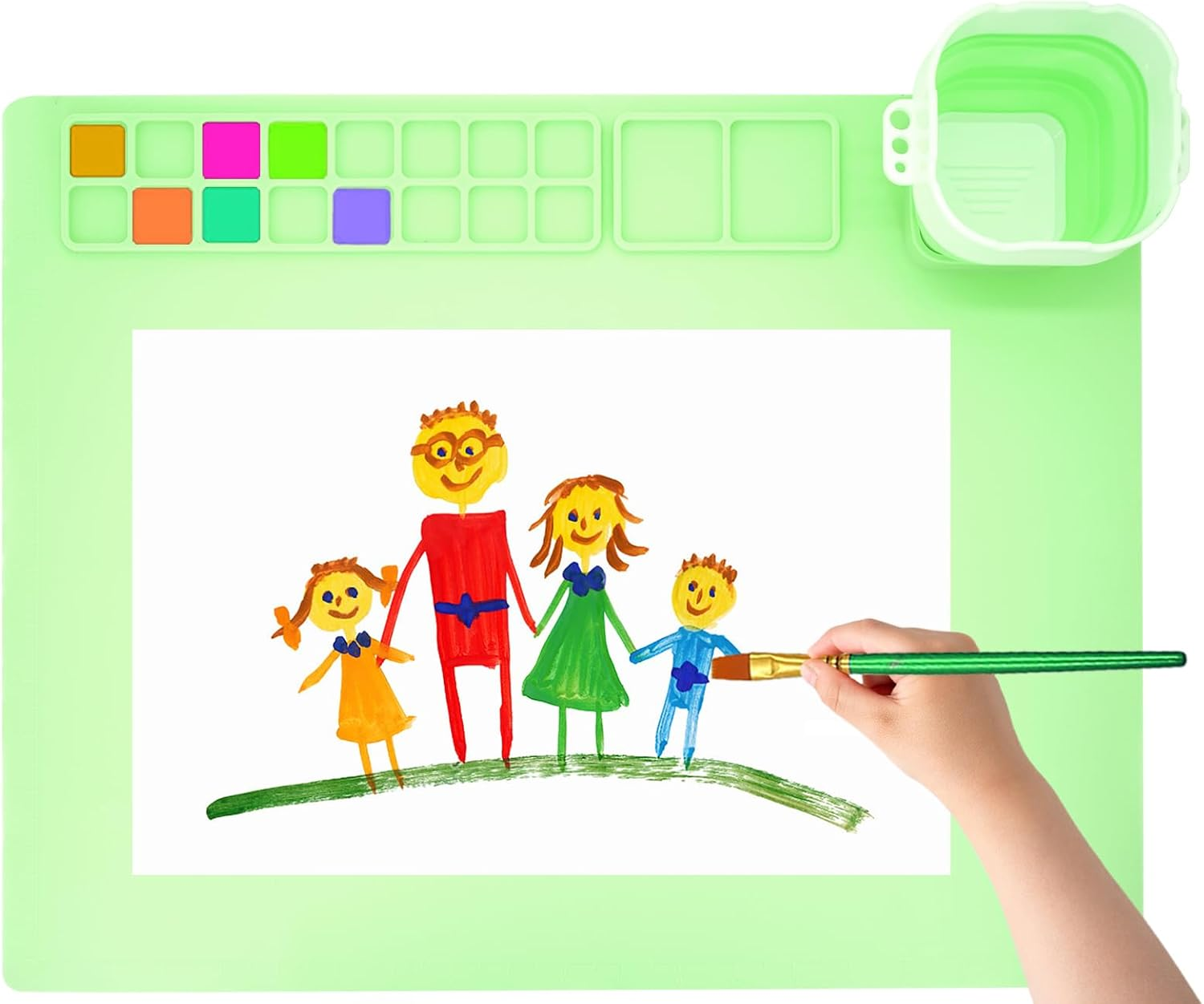 YBVABE Silicone Art Mat, 51 X 41Cm - Paint Mat with Scrubber Cup & 14 Color Dividers, for Art, Painting, Clay & DIY Creations, Blue