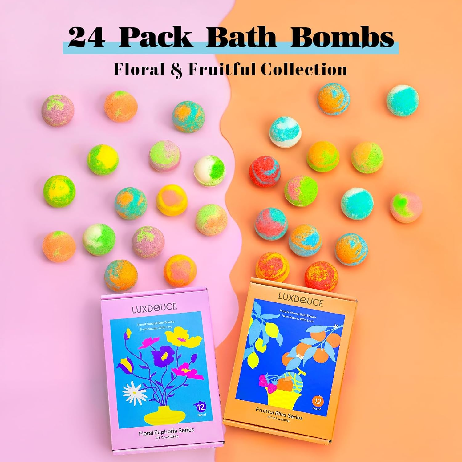 Bath Bombs Gift Set, 24 Pack Bubble Bombs with 12 Unique Scents, Floral Euphoria & Fruitful Bliss Collections, Skin-Soothing & Mood-Enhancing, Birthday Gifts for Women, Wife, Summer Relaxation image number 1