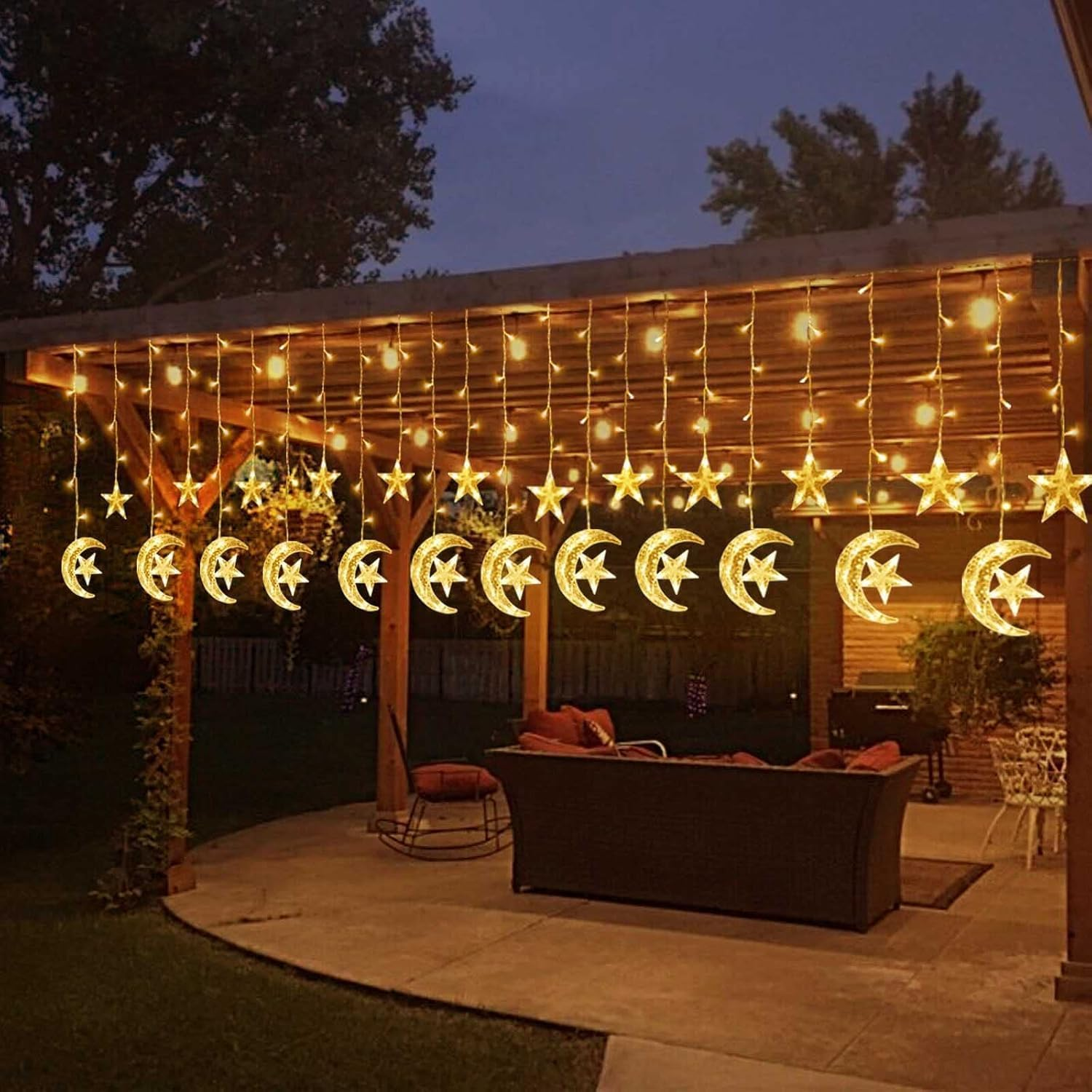 Ramadan Decorations for Home, 138 LED Upgraded Extra Large Star Moon Curtain Lights for Kids Bedroom Decor, Battery & USB Powered LED Fairy Lights for Ramadan Window Wedding Christmas Decor image number 2