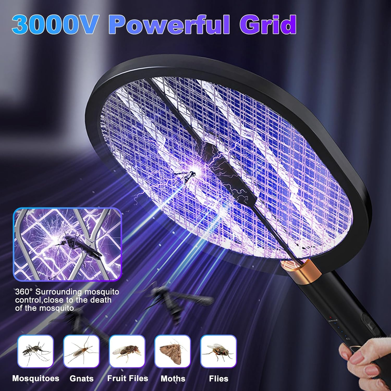 Oolong Mosquito Zapper Electric Fly Swatter 3000V Bug Zapper Racket 2 in 1 Fly Zapper with 1200Mah Battery Rechargeable Mosquito Killer Lamp with 3-Mode USB Rechargeable for Indoor Outdoor,Garden
