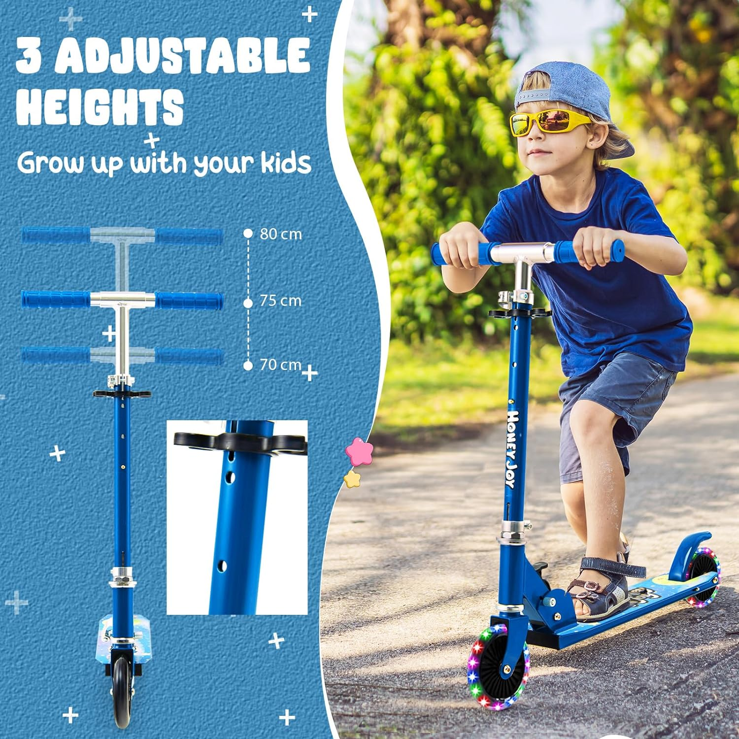 HONEY JOY Kids Folding Kick Scooter, Scooter for Toddlers W/3 Adjustable Heights, 2 Light up Flashing Wheels & Rear Brake System, Portable Aluminum Alloy Scooter for Girls Boys over 3 Years Old image number 1