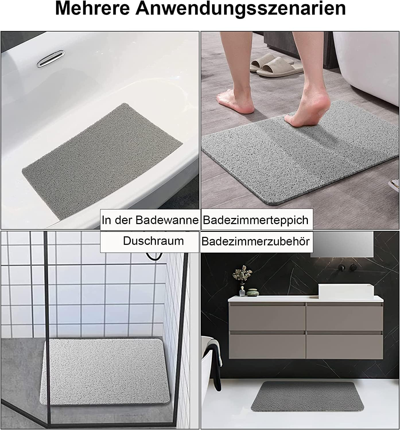 Non-Slip Shower Mat, 40 X 60 Cm, Loofah Massage Shower Mats, Bath Mat, Shower Mat with Non-Slip Safety, Permeable Bath Mat, for Bathtub and Wet Areas (Grey, 40 X 60 Cm)