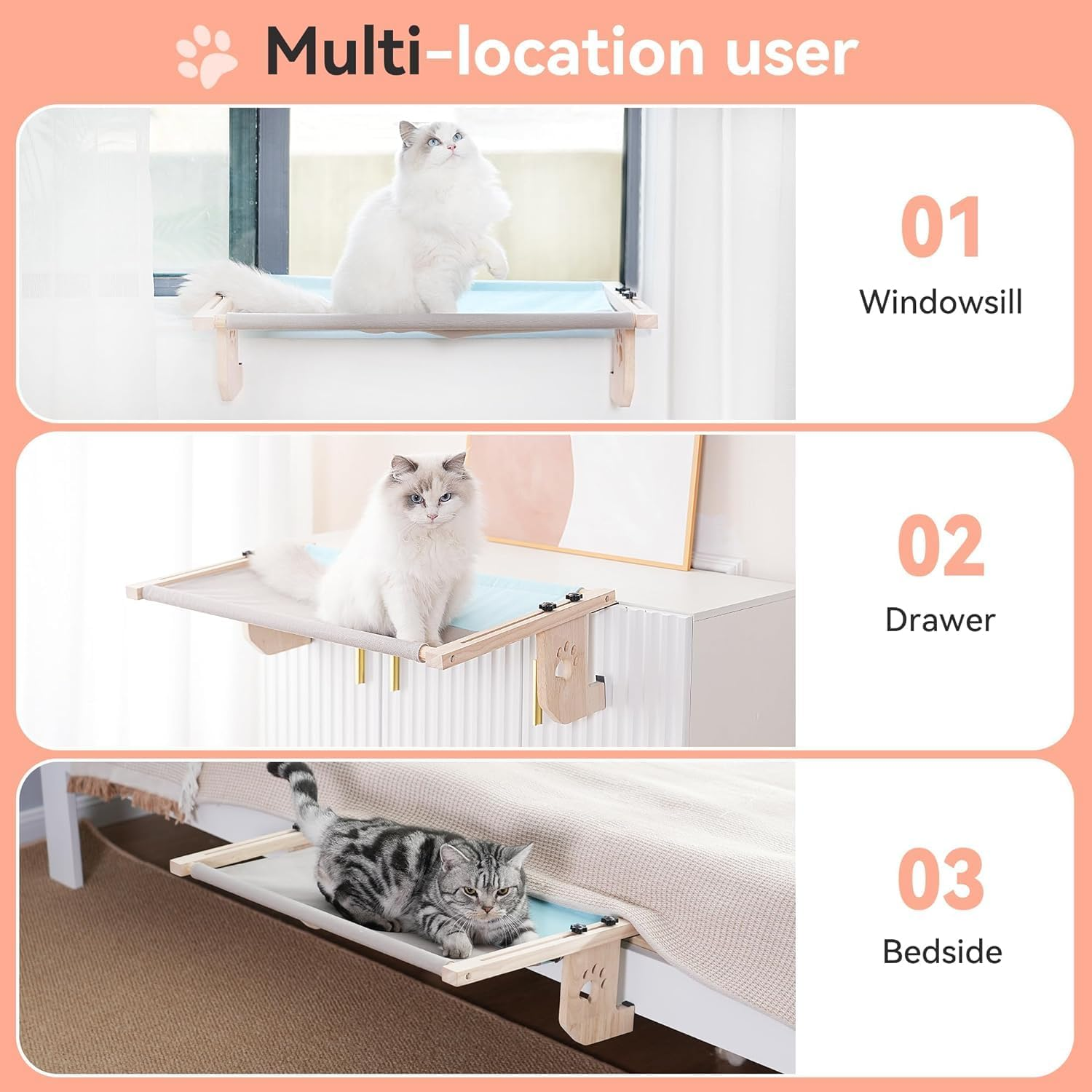 CHIEFAWAY Window Seat for Large Cats and Kittens, Adjustable Wooden Perch, Hammock Bed Washable Toy Blue-Grey Color - Grey image number 3