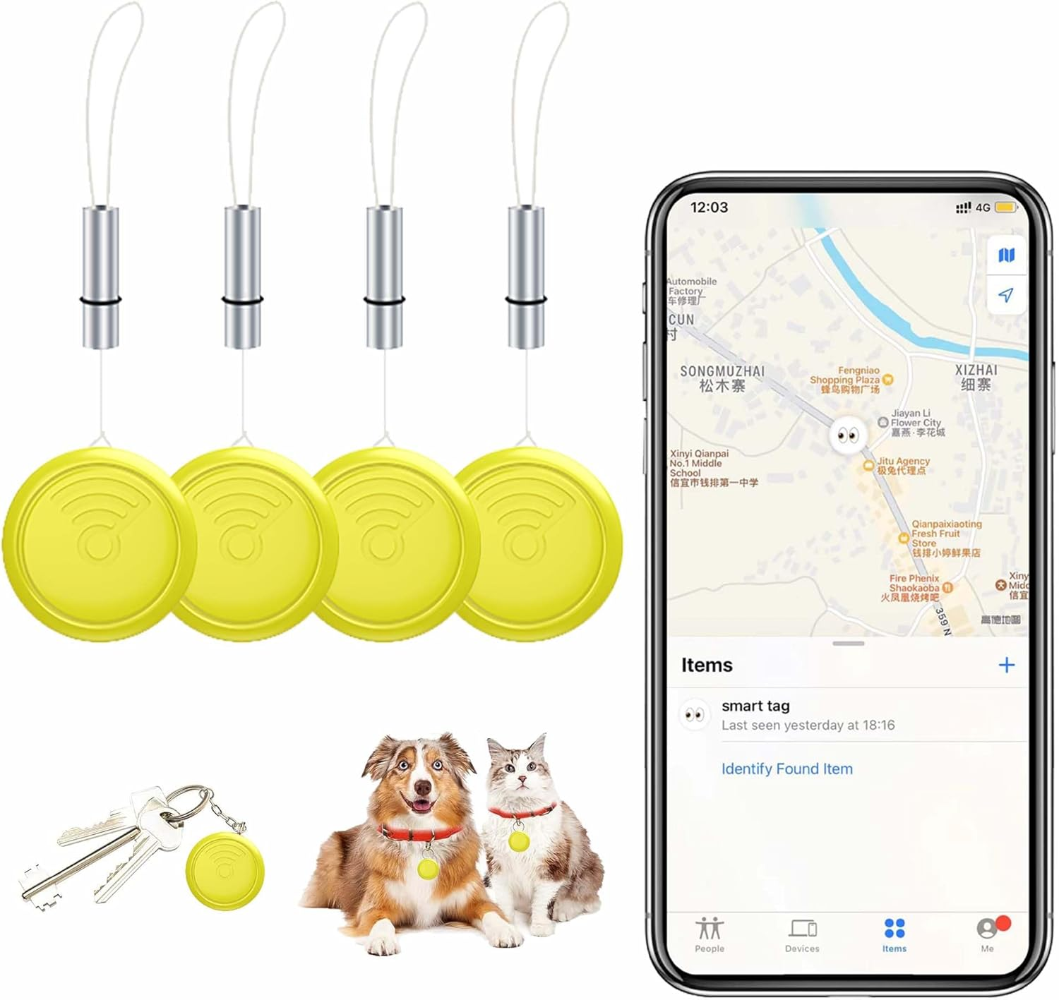 Bluetooth Tracker,Tags 4 Pack Tracker Item Finder Compatible with Apple Find My (Ios Only), GPS Track Your Keys,Wallet,Luggage,Backpack,Kids,Pet and Collars, with Replaceable Battery (Yellow) image number 2