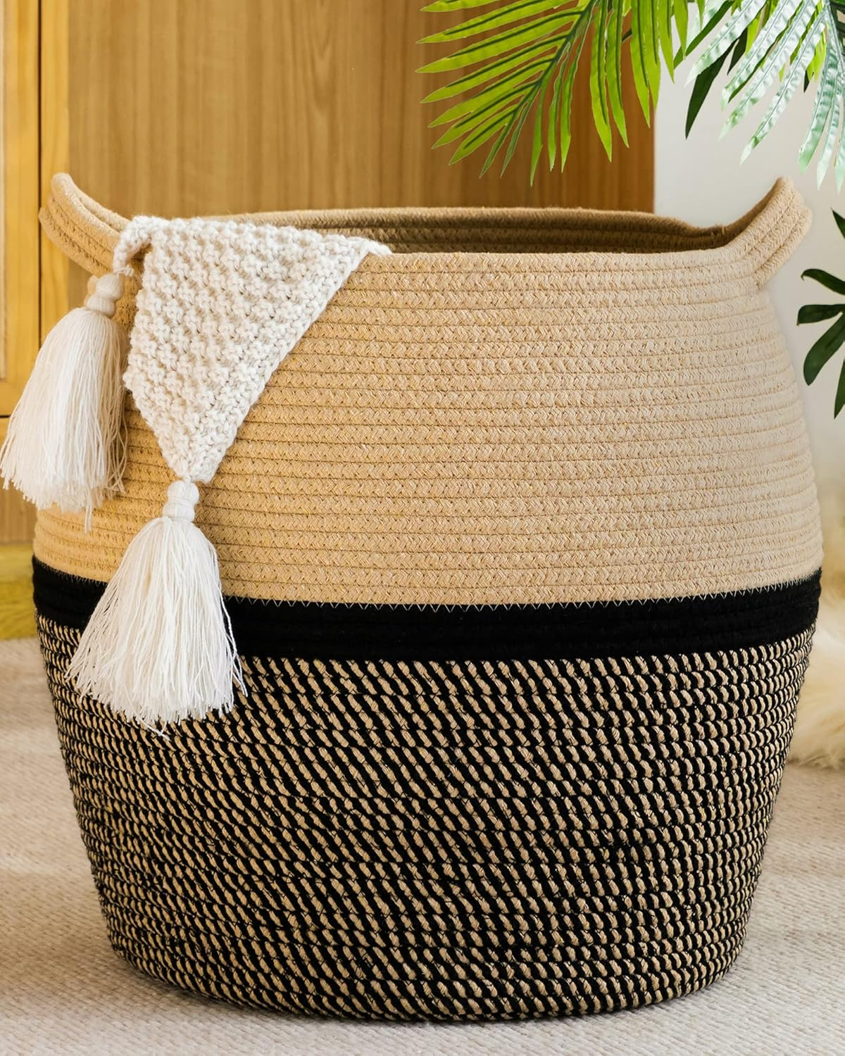 KAKAMAY Woven Baskets for Storage(17"X17"),Large Cotton Rope Basket Baby Laundry Hamper,Collapsible Basket, Blanket Organizing Living Room,Nursery,Clothes,Toy Chest (Black)