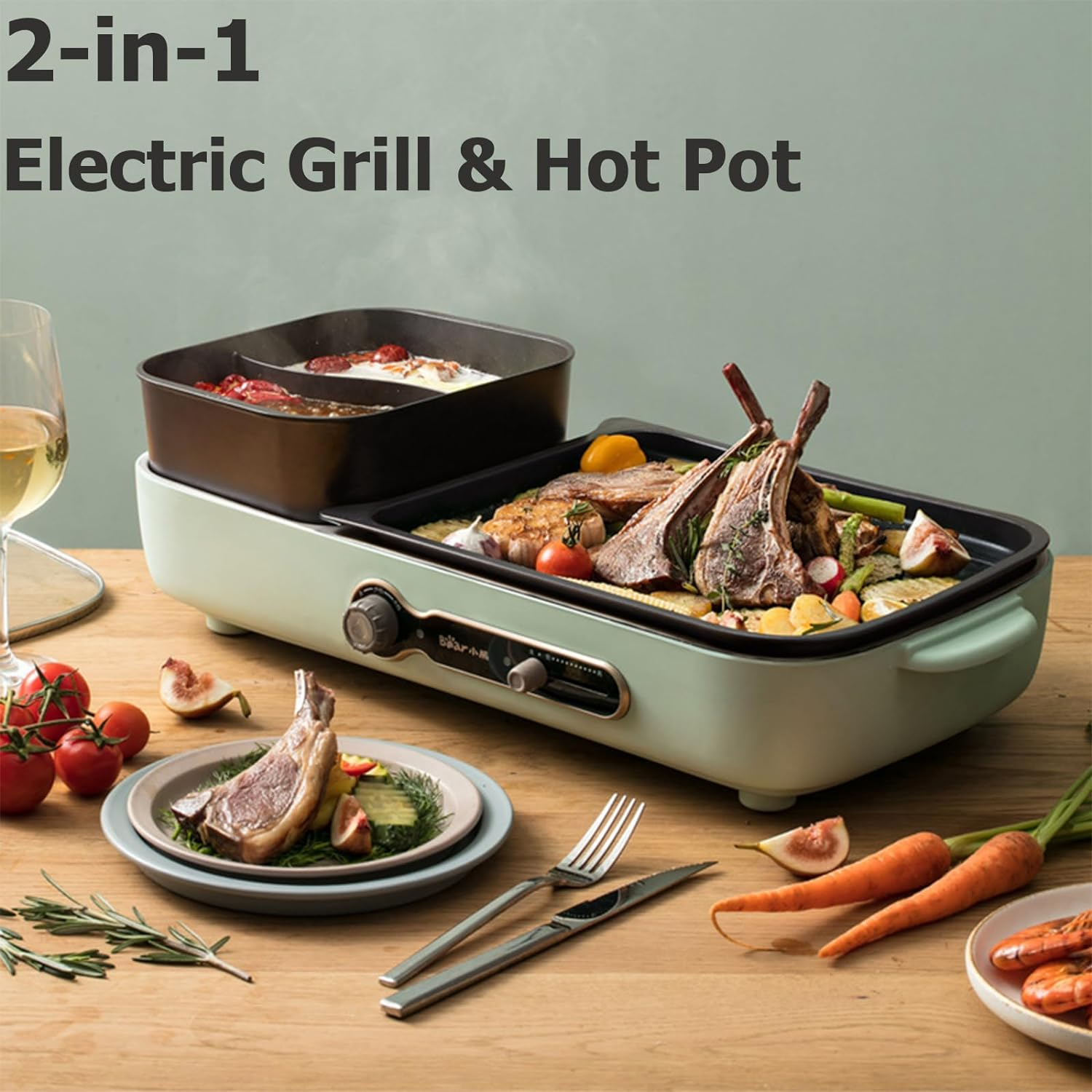 Electric Grill with Hot Pot, 2 in 1 Indoor Non-Stick Electric Hot Pot and Grill Cooker for Korean BBQ, Steaks, Shabu Shabu and Noodles, Independent Dual Temperature Control, Fast Heating, Green