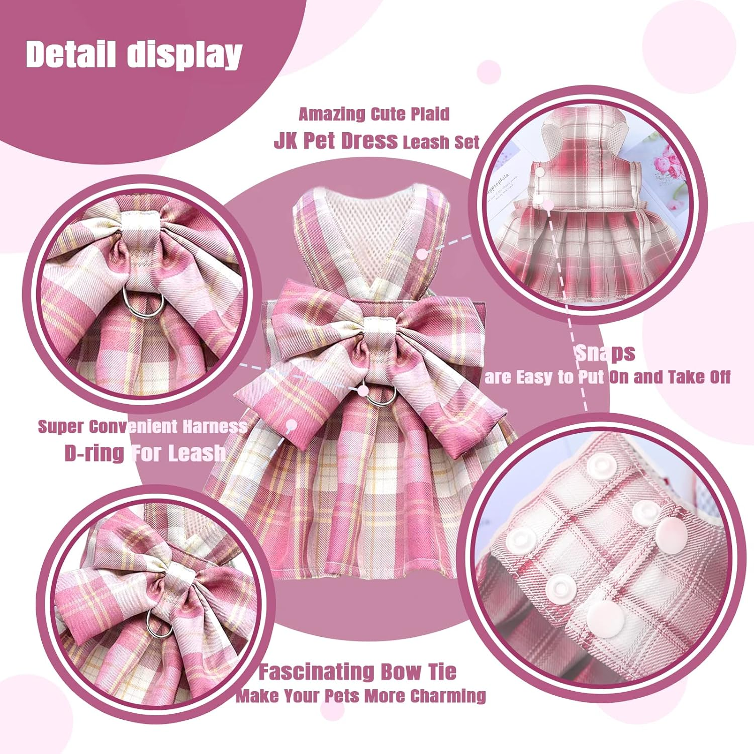 PETCARE Plaid Dog Dress Bow Tie Harness Leash Set for Small Dogs Cats Girl Cute Princess Dog Dresses Spring Summer Puppy Bunny Rabbit Clothes Chihuahua Yorkies Pet Outfits image number 1