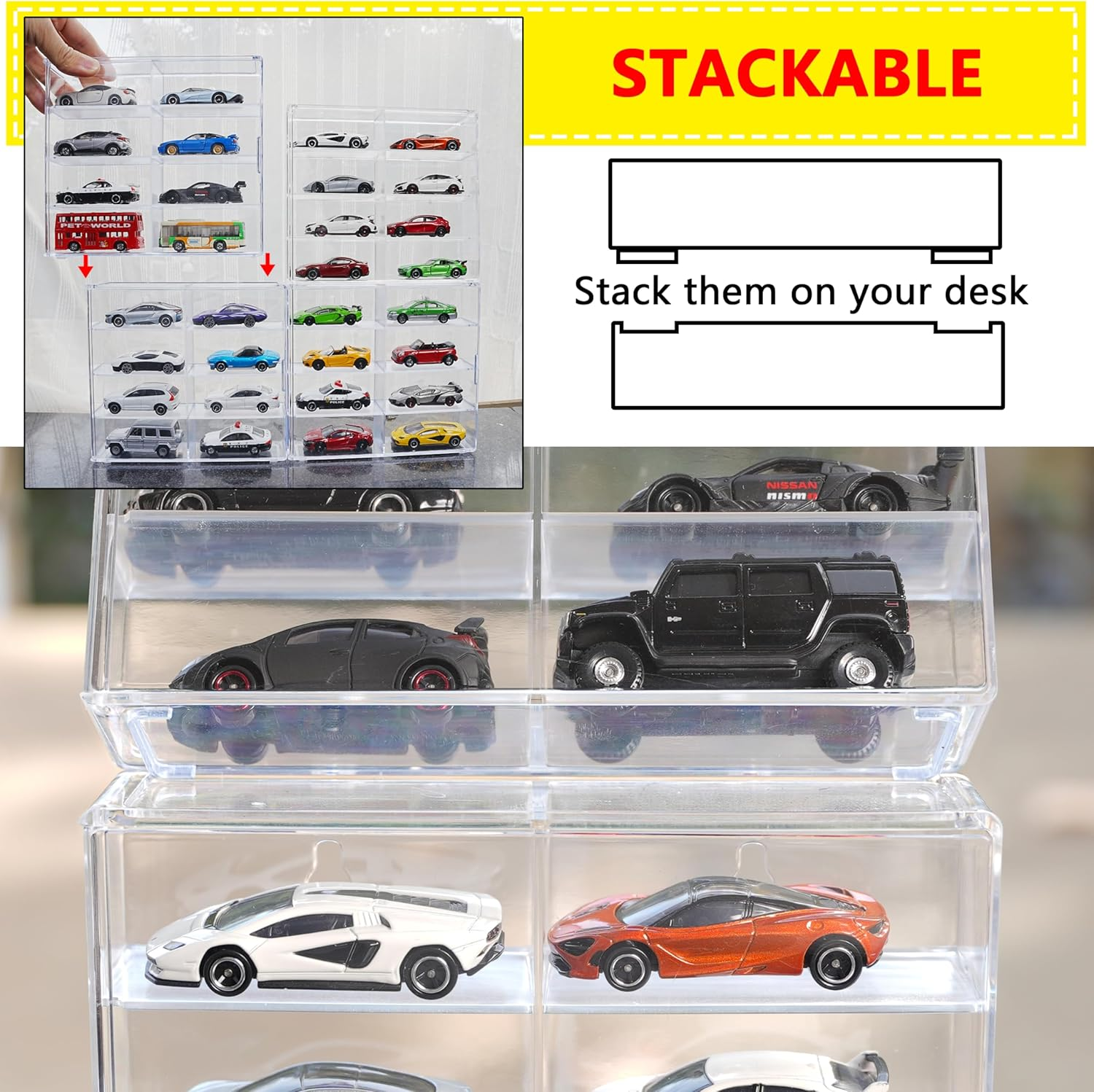 Nisshinn KASTUN Display Case for 32 Hot Wheels,Matchbox Cars,Display Case Wall Mount,Transparent Storage Case for 1/64 Diecast Cars,Wall Hanging,Stackable,Clear,Dustproof image number 4