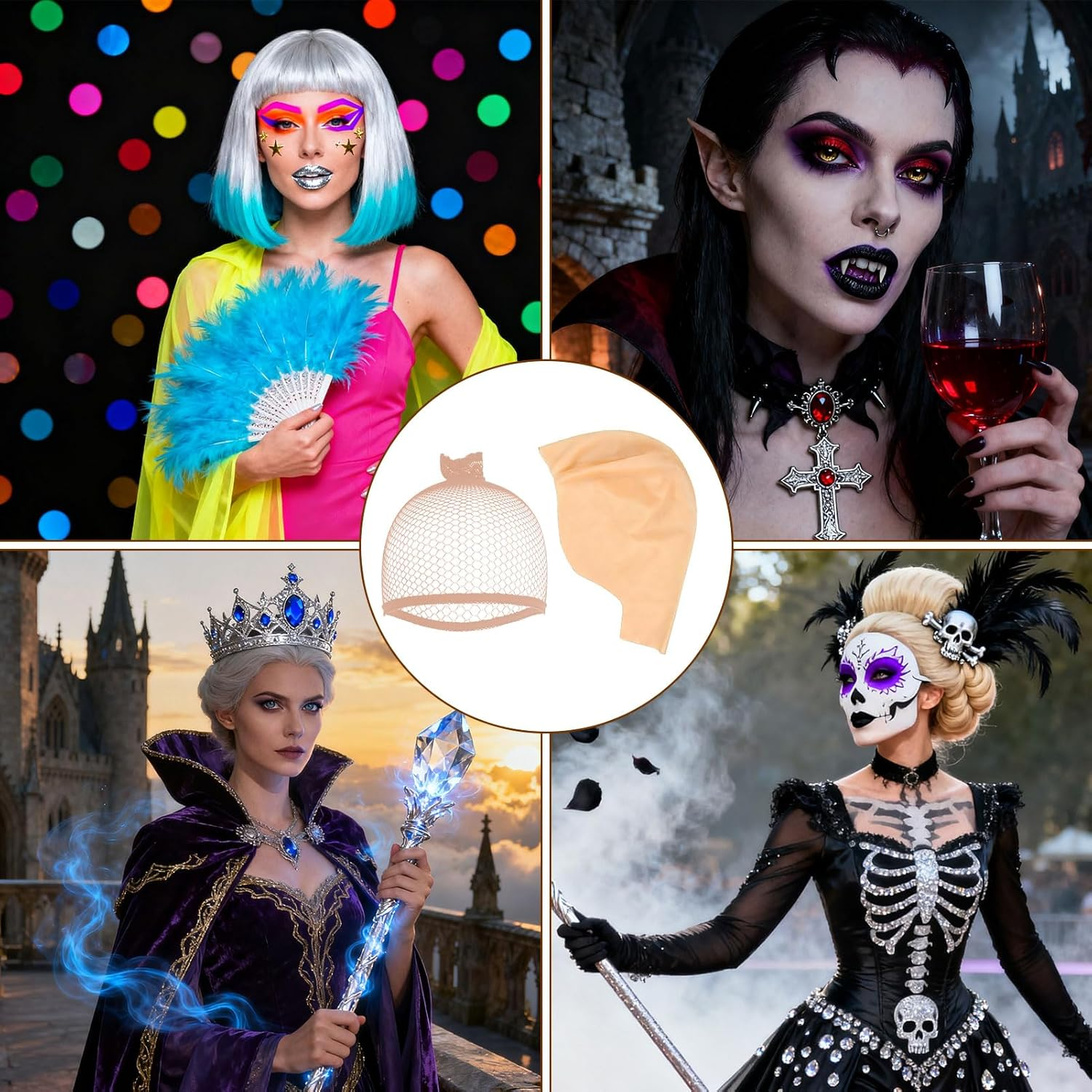 3 Packs Bald Cap with 4 Pcs Wig Cap, Nude Latex Bald Cap for Makeup Cosplay, Bald Caps for Adults Halloween Party, Bald Cap Wig for Costume Accessory, Stage Performance, Lightweight and Stretchable image number 5