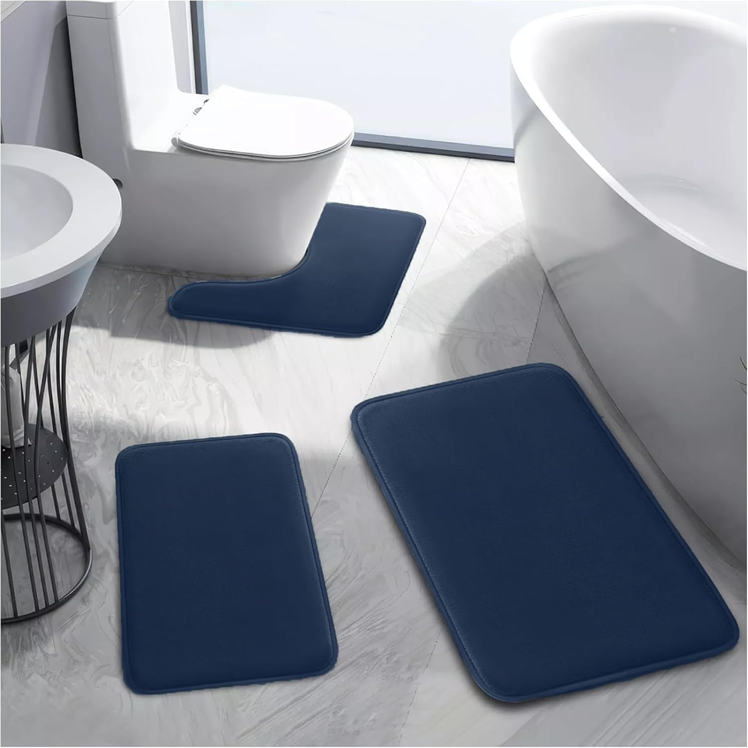 Bathroom Rug Sets 3 Piece, Memory Foam Bath Mat, Non Slip Super Absorbent Soft Bathroom Mats, Machine Washable Bathroom Floor Mats Sets for Sink,Tub, Shower and Toilet (Blue)