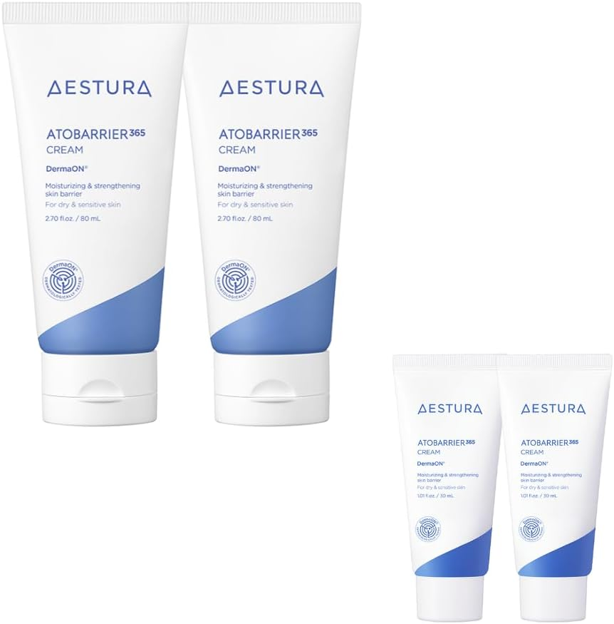 Double Set Atobarrier365 Cream Full Size 80Ml X2Ea + Travel Size 30Ml X 2Ea (Total 220Ml). High-Density Ceramide Capsule Cream, 120 Hours Moisturization, Strengthening Skin Barrier for Dry and Sensitive Skin. Korean Skincare Promotion Set for Aestura.