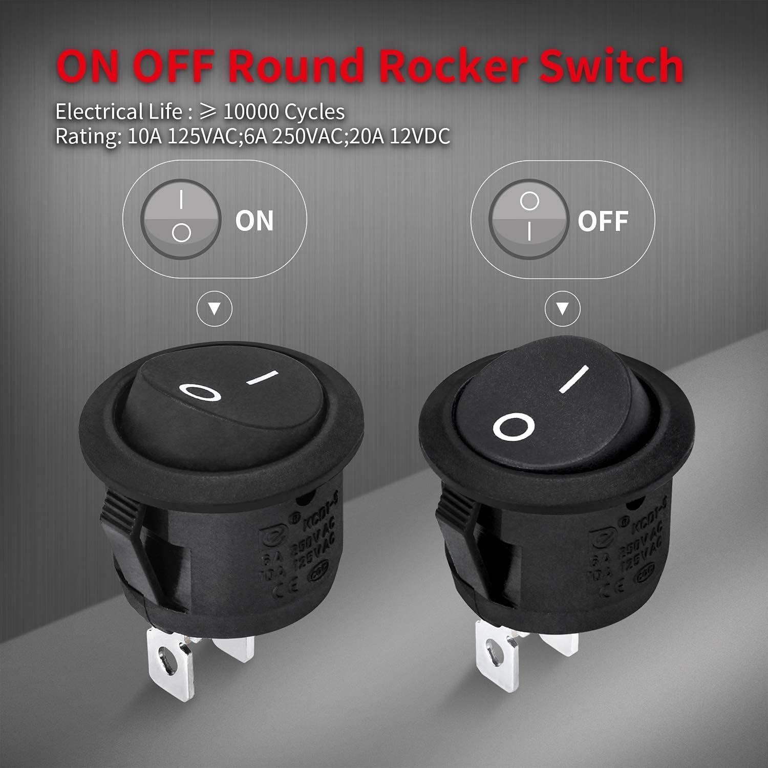 Daiertek 5Pcs round Rocker Switch SPST on off Locking 2Pin 10A 125VAC 6A 250VAC Black 20MM image number 3