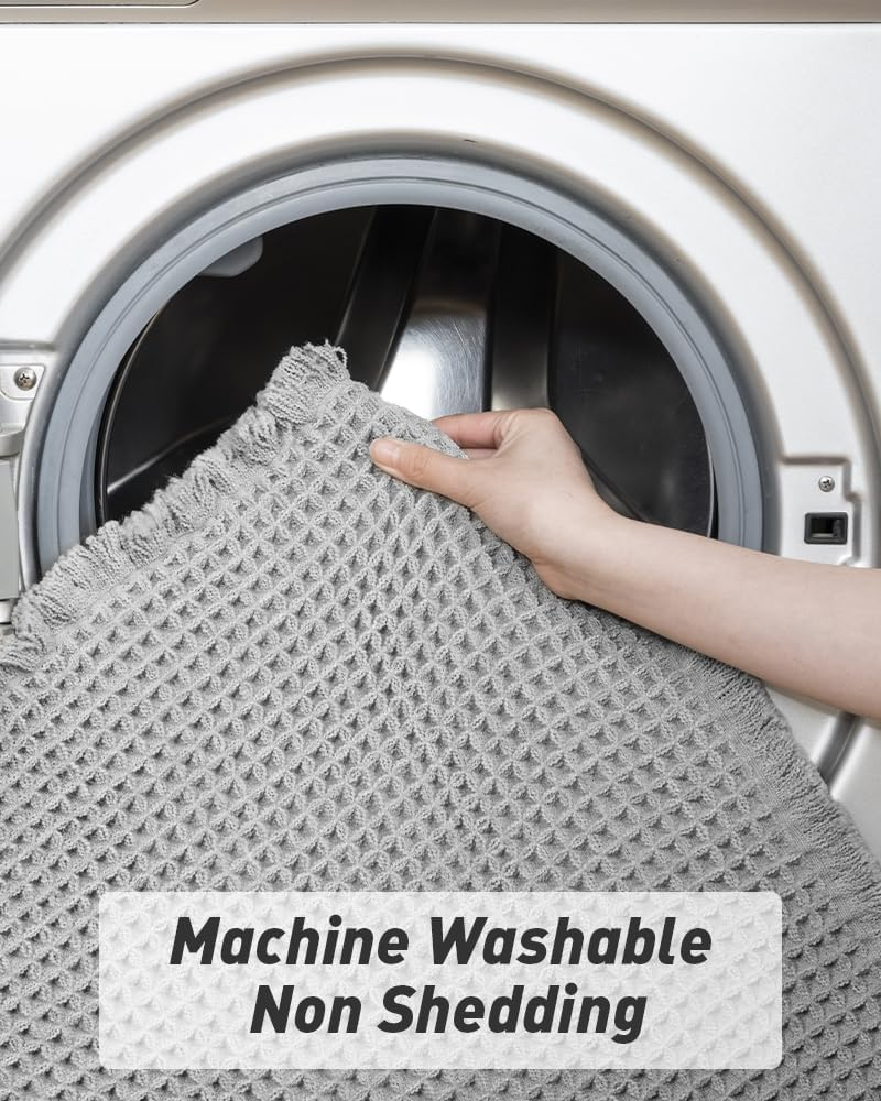 Upgraded Waffle Bath Mat 18" X 30", Super Absorbent Washable Non Slip Bath Rug Mats for Bathroom Floor, Extra Soft anti Slip Bath Room Mat with Tassels for Tub, Sink, Toilet, Quick Dry, Light Grey