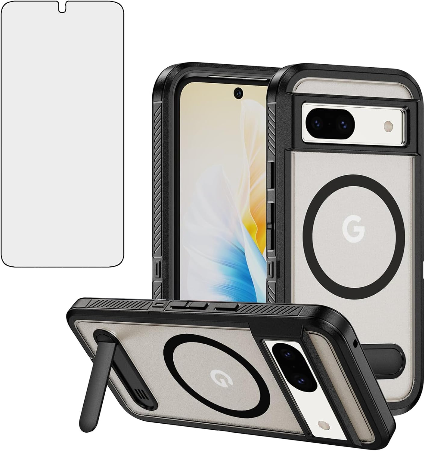 Asuwish Phone Case for Google Pixel 8 5G Compatible with Magsafe Tempered Glass Screen Protector Cell Cover Stand Rugged Shockproof Clear Magnetic Protective Pixel8 Eight Women Men (Black+Black)