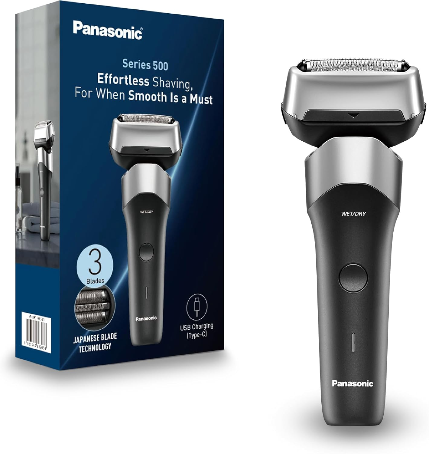 Panasonic Series 500 Wet & Dry 3-Blade Electric Shaver for Men, Stainless Steel Blades, Flexible 10D Head with USB-C Charging, Black (ES-RM3FXK541)