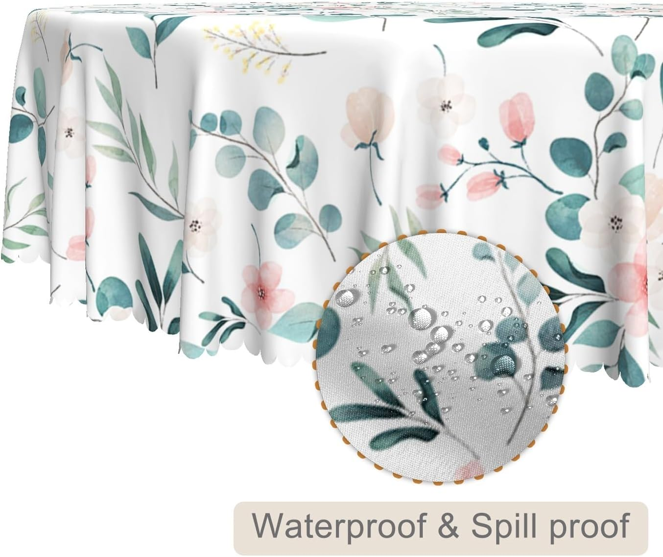 Spring Summer round Tablecloth 60 Inch Green Leaf Pink Floral Circular Table Cloth Washable Wrinkle Resistant Fabric Table Cover for Kitchen Dining Room Picnic Patio Indoor Outdoor Decor image number 3