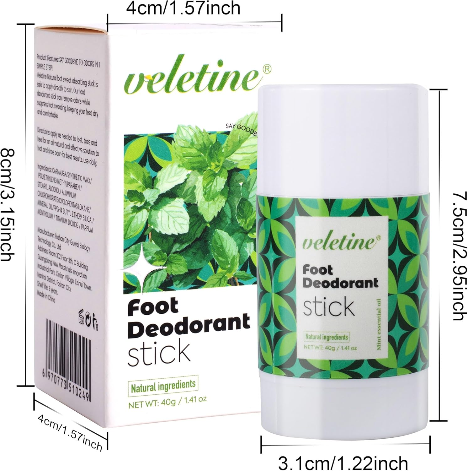 Veletine Foot Deodorant Stick,Refreshing Feet Odor Stick,Travel Size Heel Cream,Roll-On Foot Lotion for Men＆Women, 40G/1.41 Oz