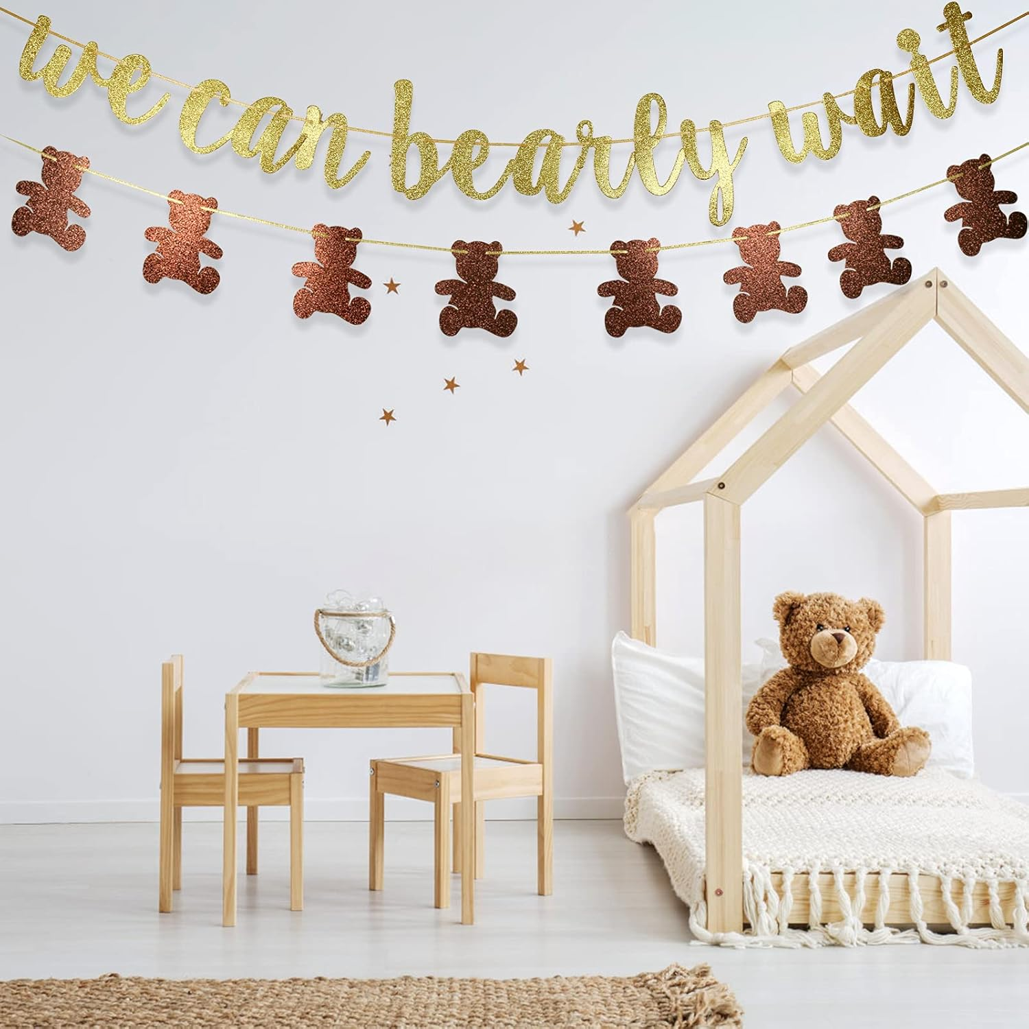 We Can Bearly Wait Glitter Banner, Baby Shower Decorations, Gender Reveal Party Supplies for Teddy Bear Theme Garland (Gold and Brown) image number 6