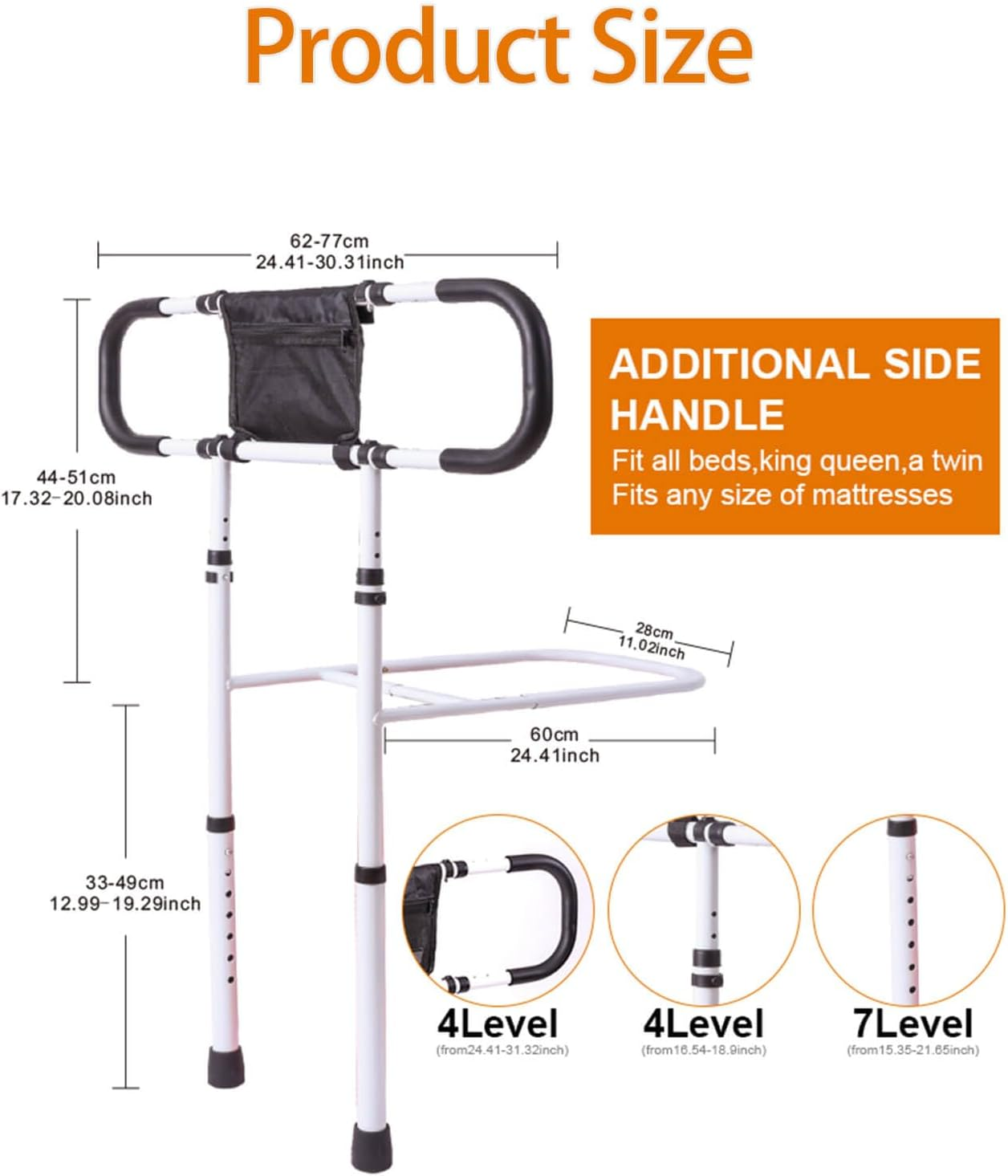 Bed Rails for Elderly Adults Safety, Adjustable Bed Side Rails Handle, Extended Bed Assist Rail for Seniors, Support Bar Bed Guard Rail with Storage Bag Fixing Strap King Queen Full Twin Bed