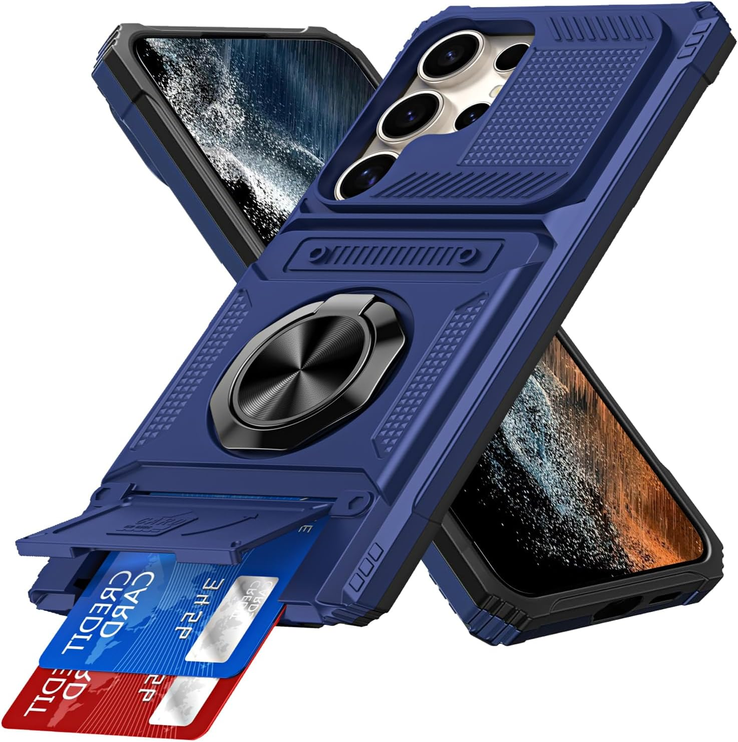 SIYOPINPFY Wallet Mobile Phone Case for Samsung Galaxy S24 Ultra Case with 2 Card Holders, 360&deg; Ring Stand, Heavy Duty, Shockproof, Robust Full Body Bumper Case for Samsung S24 Ultra, Blue LM