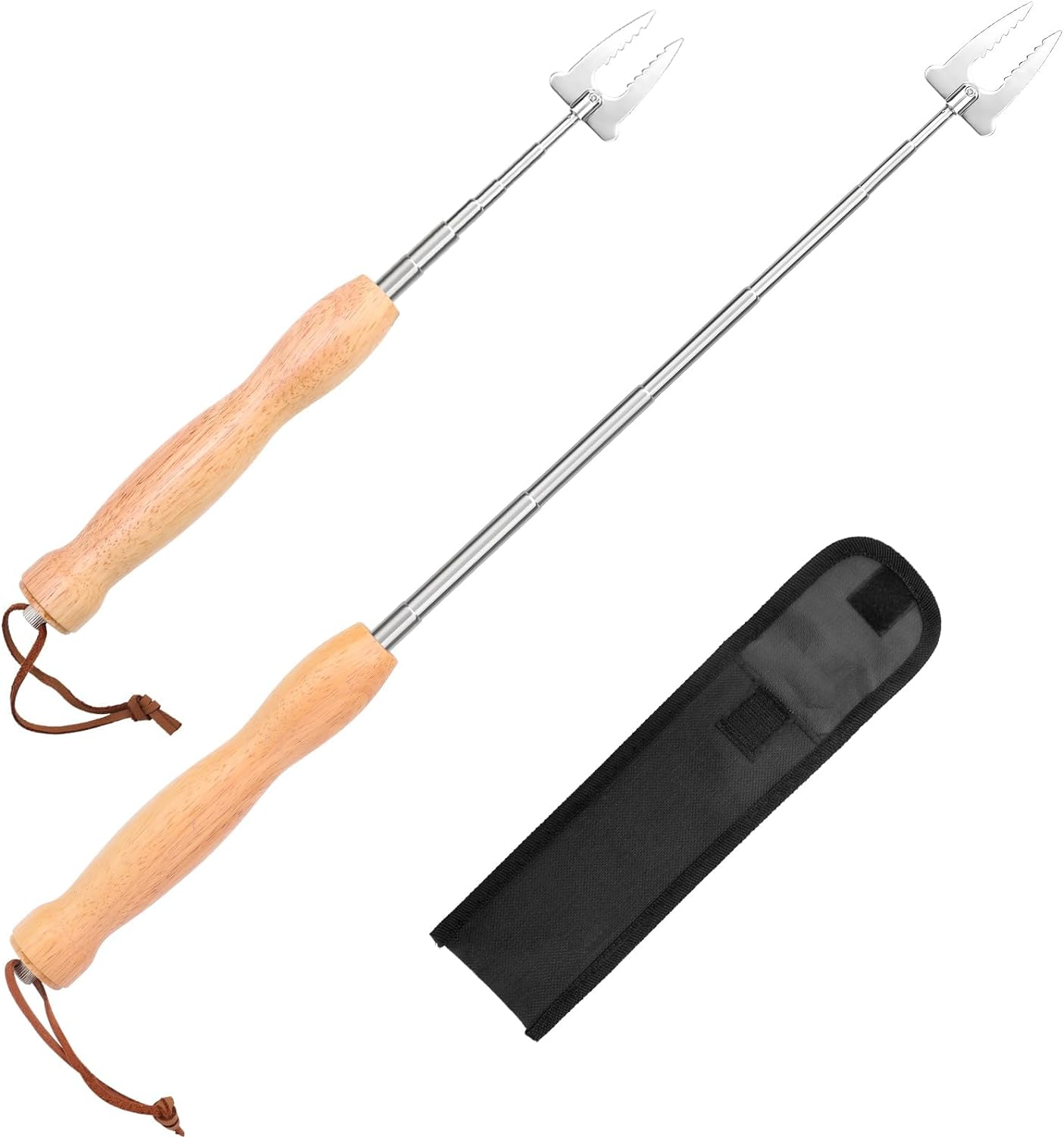 Barbecue Fork Extendible Stainless Steel Wooden Handle Long Campfire Telescopic Extendable Kebab Skewers Meat Fork for Grilling, Campfire and Camping(2 Pack) image number 1