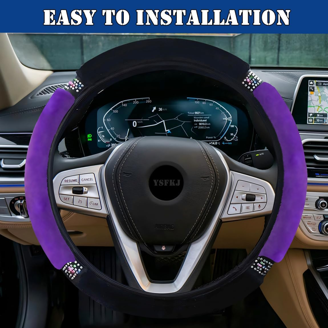 Car Steering Wheel Cover, 15 Inch Colorful Rhinestones Fluffy Steering Wheel Cover for Most Cars, Sparkly Crystal Diamond Steering Wheel Protector for Women Girls,Purple image number 2