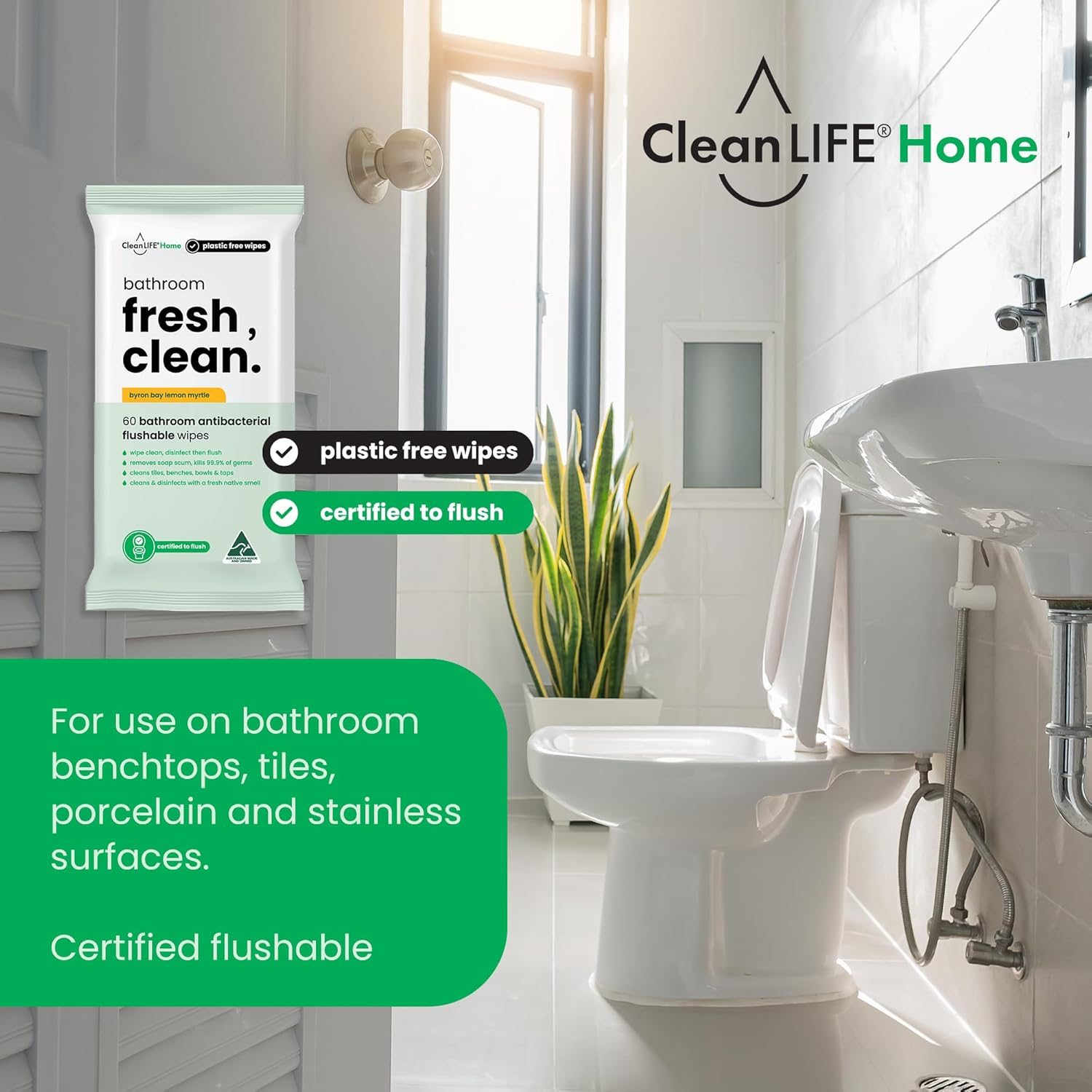 Cleanlife Flushable Bathroom Wipes &ndash; Biodegradable Chemical-Free Cleaning, Plant-Based, Natural Eucalyptus Scent, Septic Safe, Eco Friendly, 60 Wipes image number 4