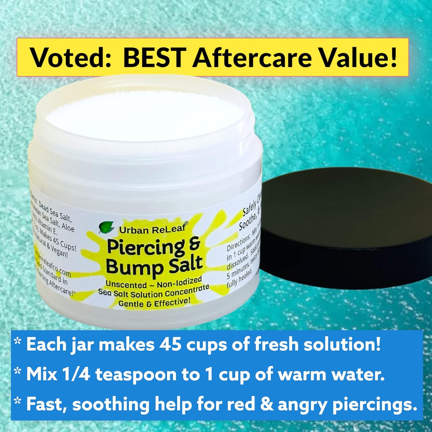 Urban Releaf Piercing & Bump Salt ! Unscented Sea Salt Solution Concentrate. Makes 45 Cups! Gentle Effective Clean Soothe Calm. Non-Iodized. It Works! Cleanse and Soak, Fresh Saline Aftercare image number 3