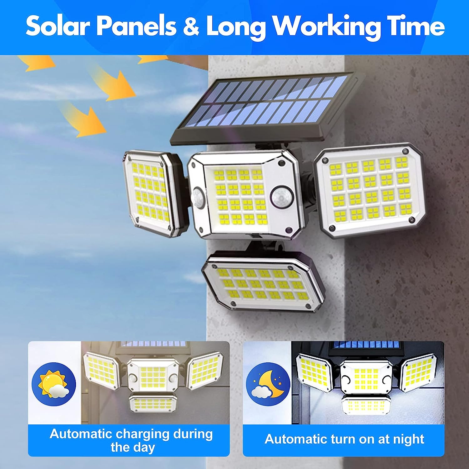 Solar Outdoor Lights with 2 Sensors, 296 Leds 300&deg; Wide Angle Solar Spot Lights with 5M Extension Cable, 4 Adjustable Head, 3 Modes IP65 Waterproof Outdoor Lights Detachable Flood Lights image number 1