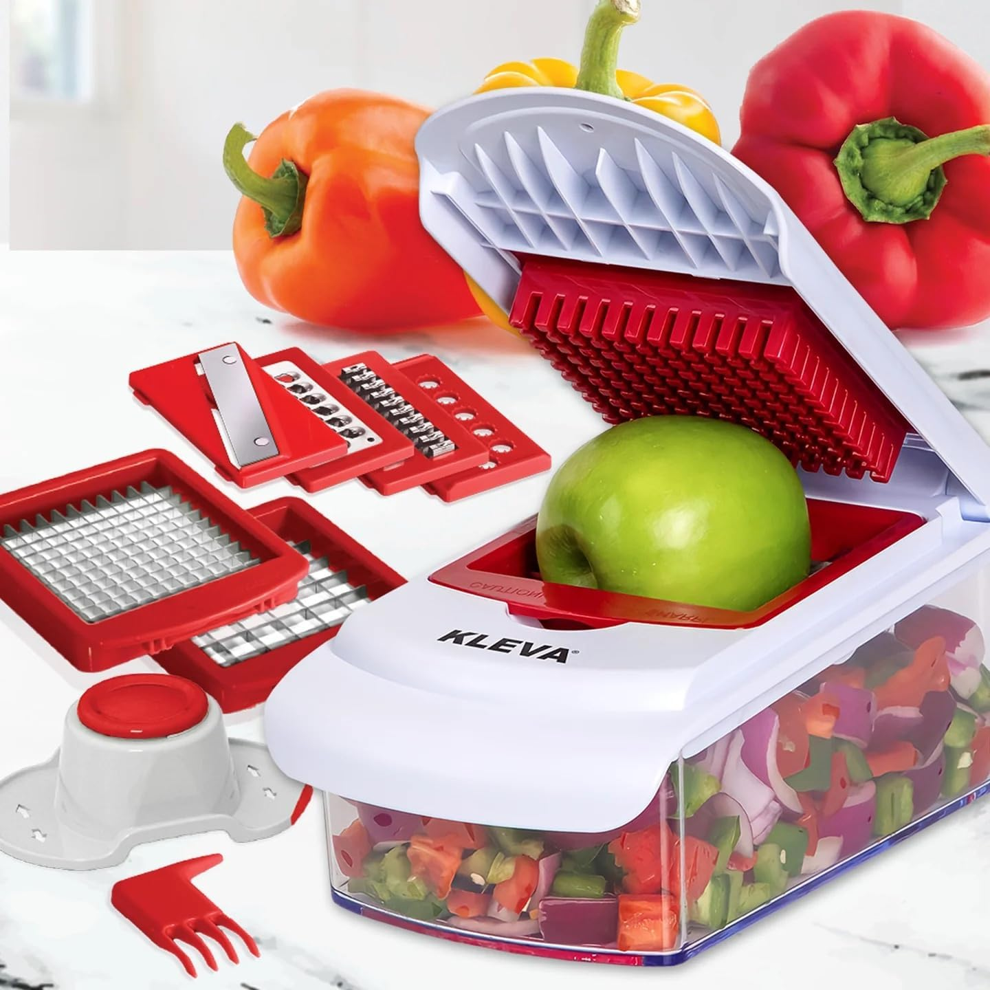 Kleva Range 2 X Kleva Cube Cutters 12 in 1 Slice, Dice, & Chop Compact Vegetable Chopper for Onion Potato Carrot, Kitchen Tools & Gadgets 6 Blades Includes Container, Handguard (Australian Owned) image number 2