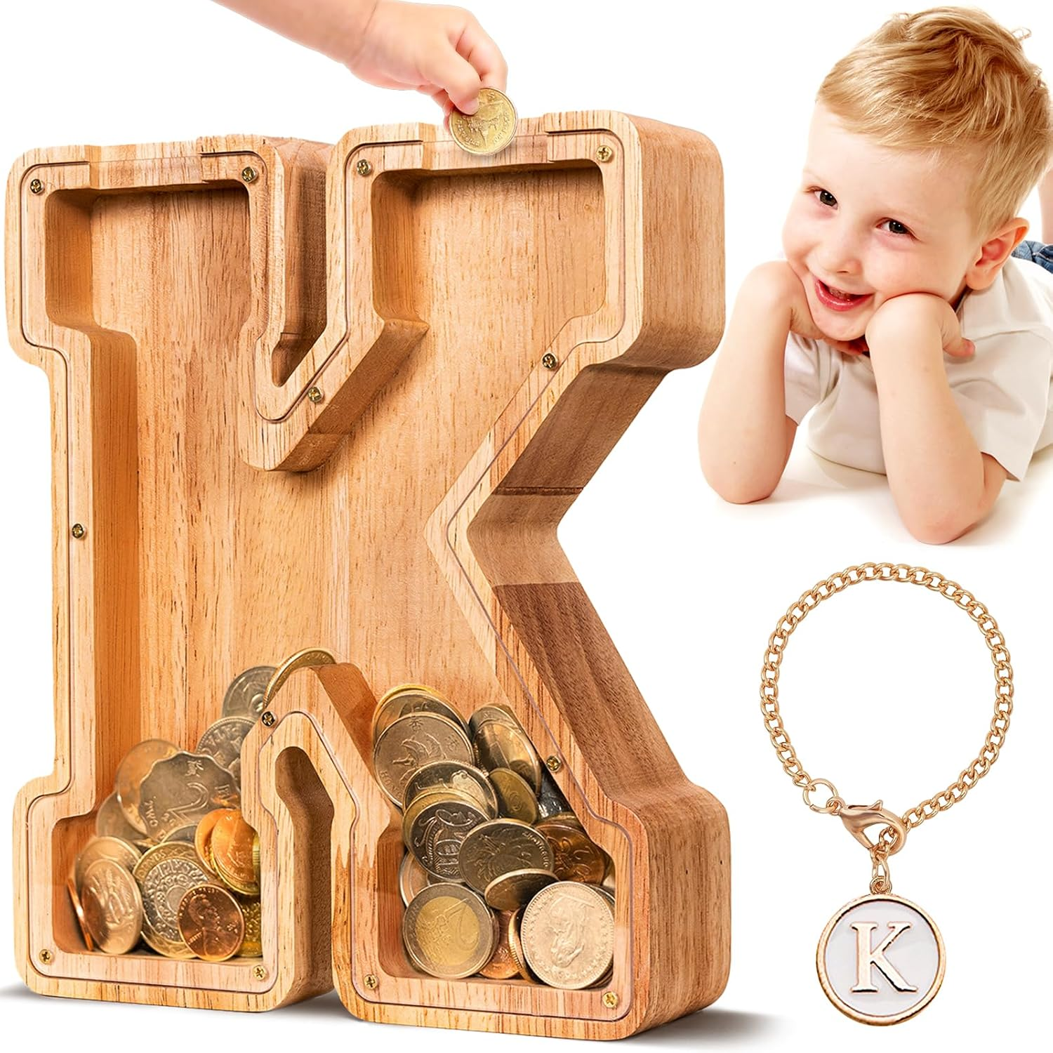 Summidate Wood Letter Piggy Bank| Piggy Bank for Boys| A-Z Alphabet Coin Bank for Kids|Children'S Day Gift(Initial-K) image number 6
