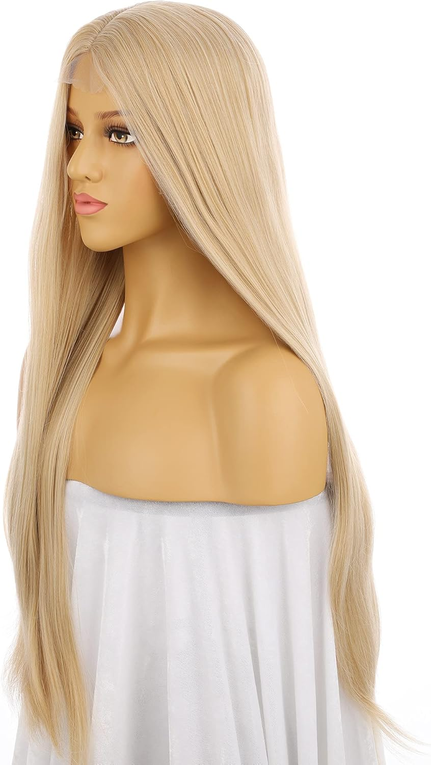 Mixed Blonde Synthetic Hair 13-4-3 Lace Women Wig,26 Inch Long Silky Straight Human Hair Density,100% Hand Made Glue-Less Wig - Black Synthetic Hair 26 Inch image number 7